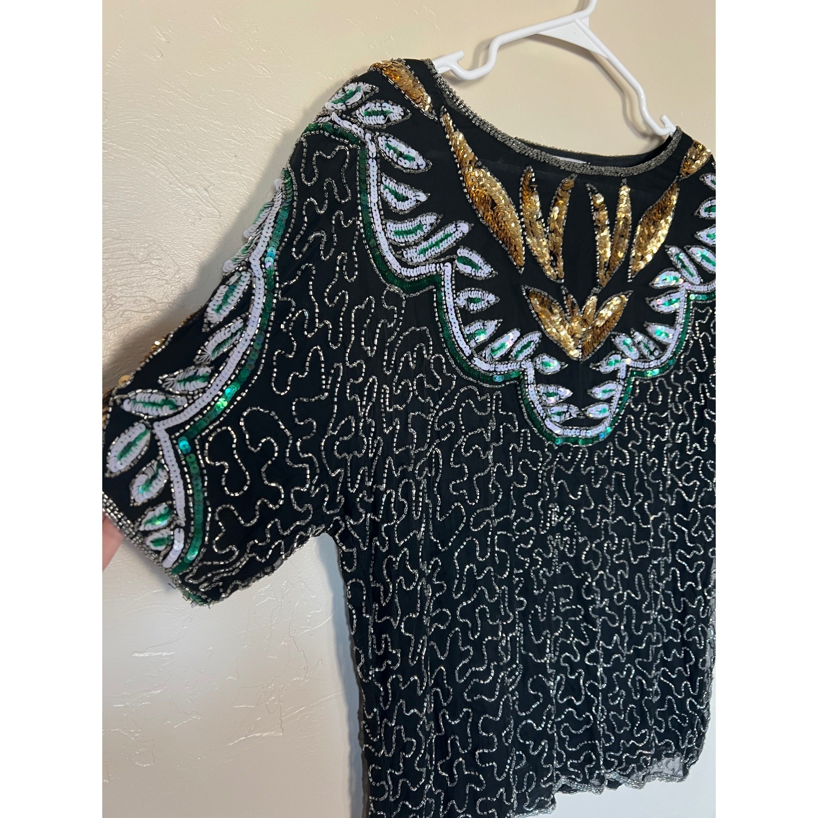 Carina Vintage Pure Silk Beaded Sequin Top Black Gold Silver Flapper Gatsby L