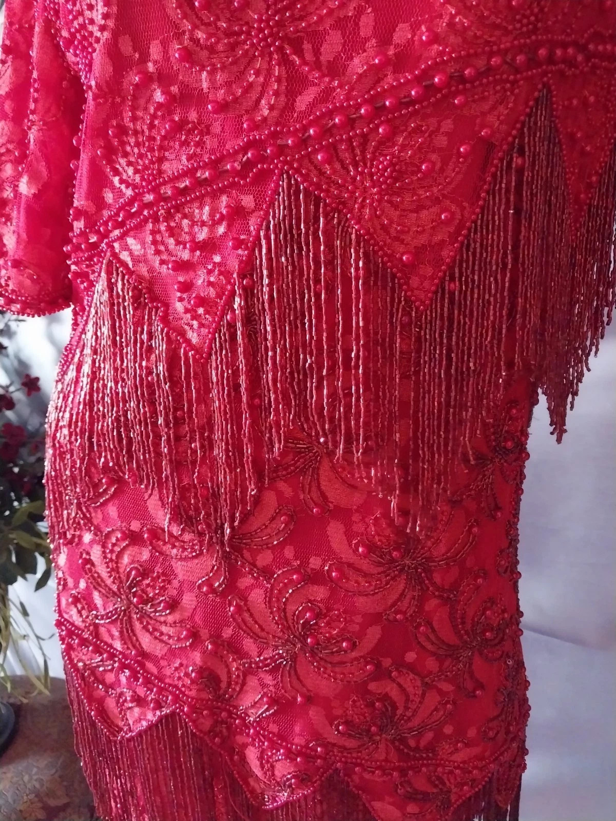 VTG FLAPPER BEADED FRINGE RAGTIME GATSBY 20S STYL RED SKIRT BLOUSE DRESS SET 42
