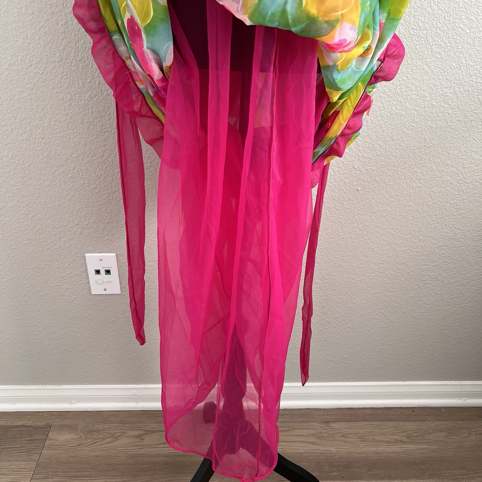 Vintage Jenelle of California Gown Belted Ruffles Floral Lined Colorful Nylon