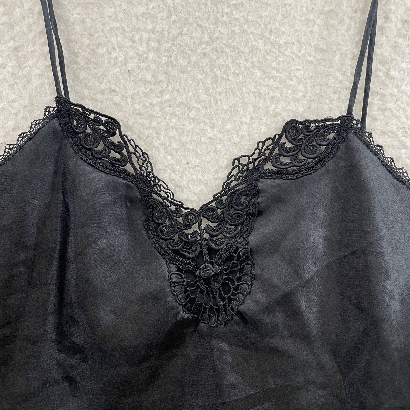 90s Vintage Camisole Top Large Black Satin Embroidered Lingerie