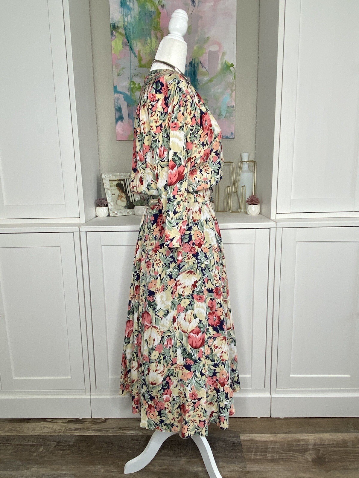1980s Carol Anderson A-Line Shirt Dress Belted Floral Spring Casual Rayon 5/6