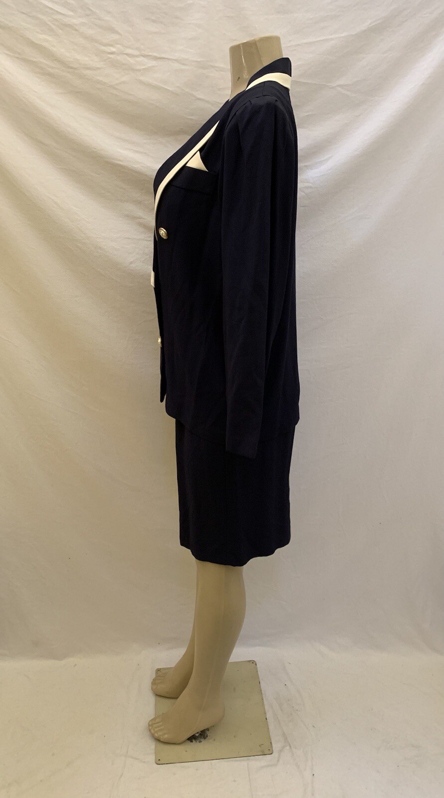 Vintage Michael Blake Navy Blue & Ivory 2pc Secretary Skirt Suit Set