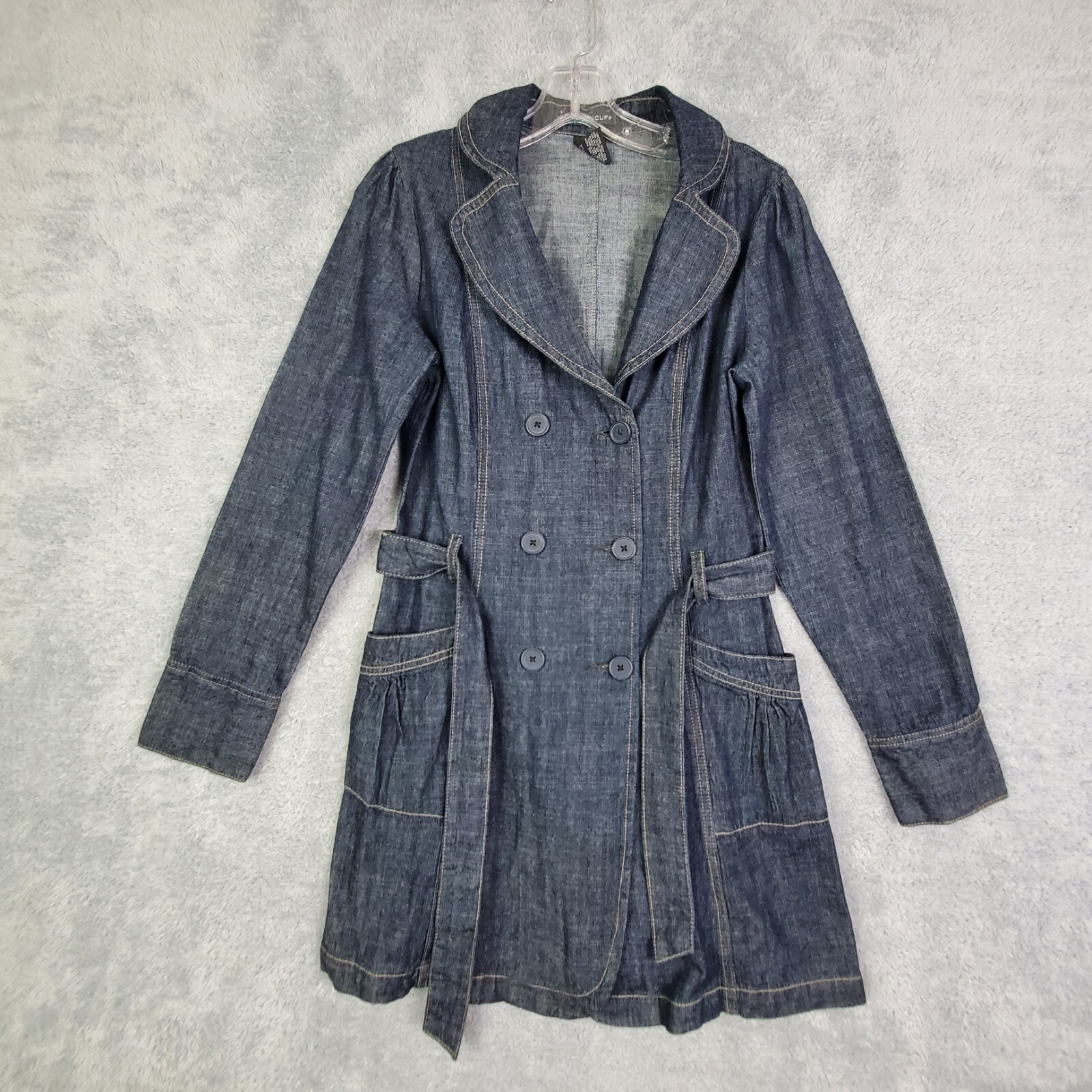 Vtg 90s French Cuff Womens Long Denim Jacket Sz S Blue Belted Pockets All Cotton