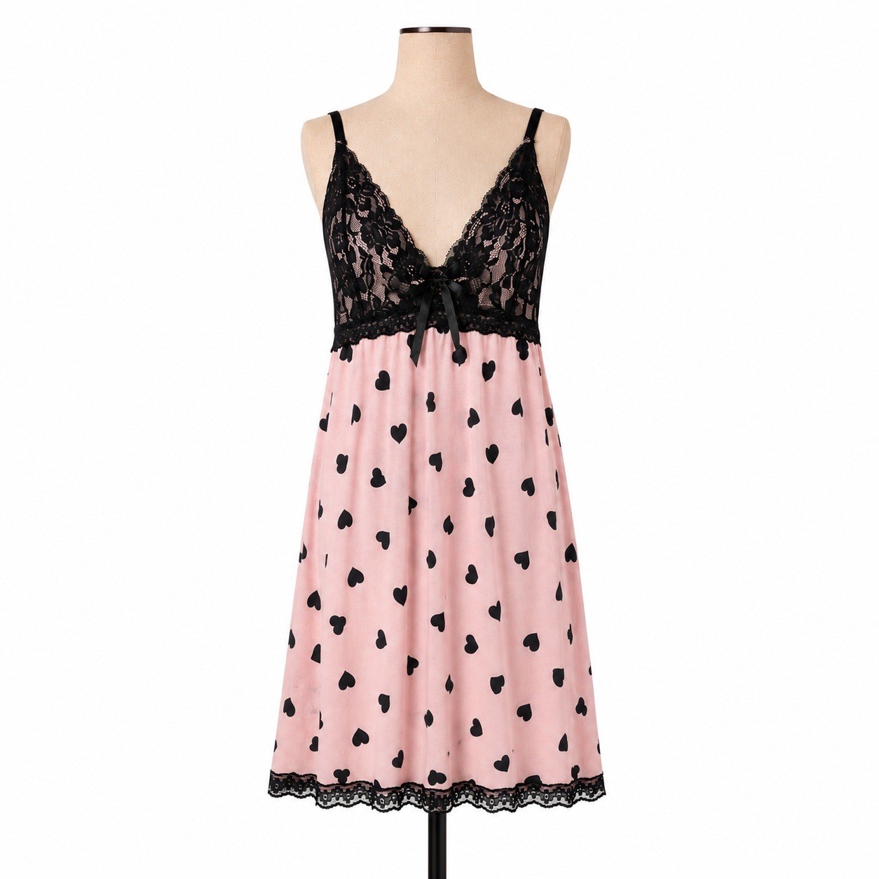 Romantic Heart Lace Babydoll Mini Dress Sz XL Pink Black Coquette Fairy Chemise