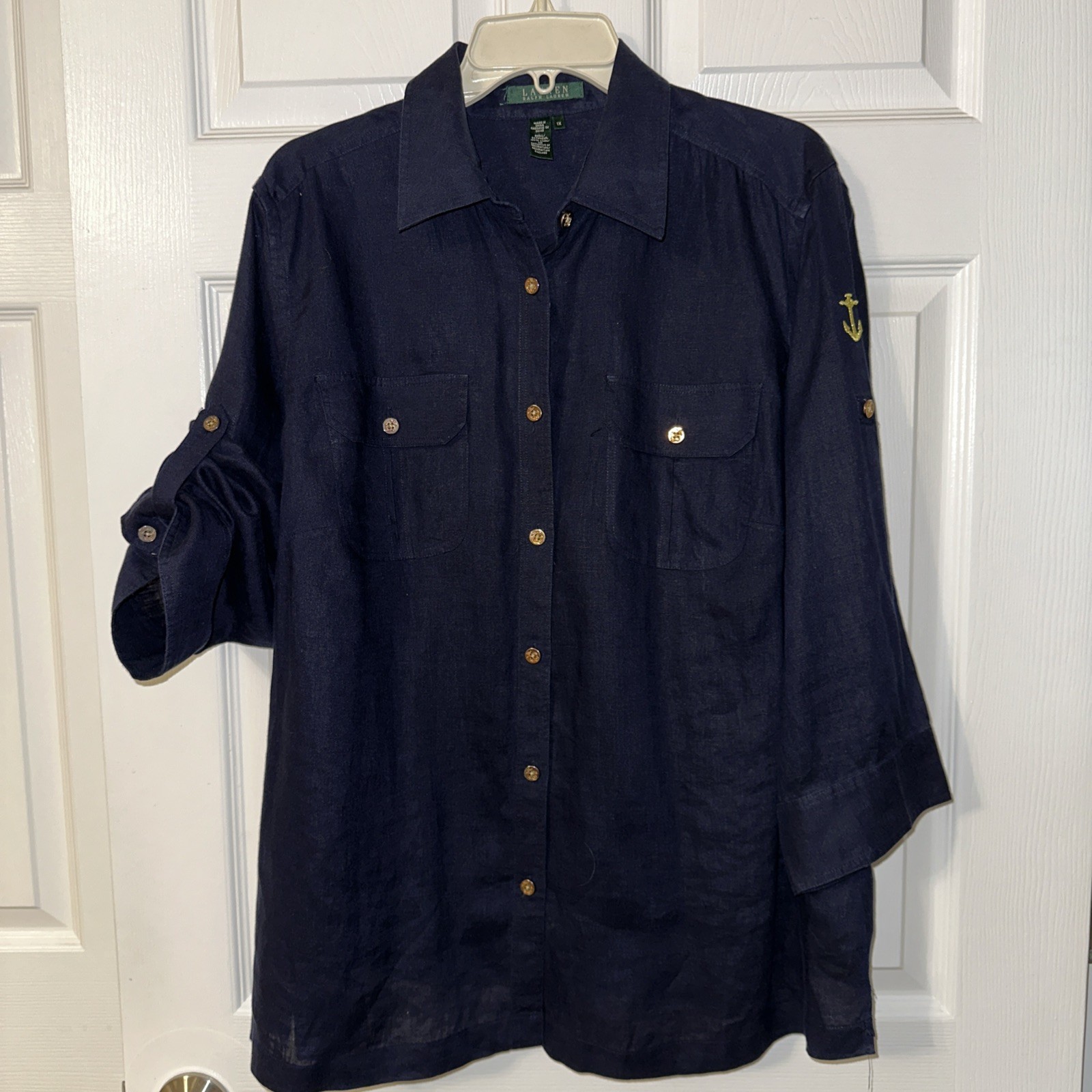 Vintage Ralph Lauren Women’s Nautical Linen Navy Blue Blouse Size 1X