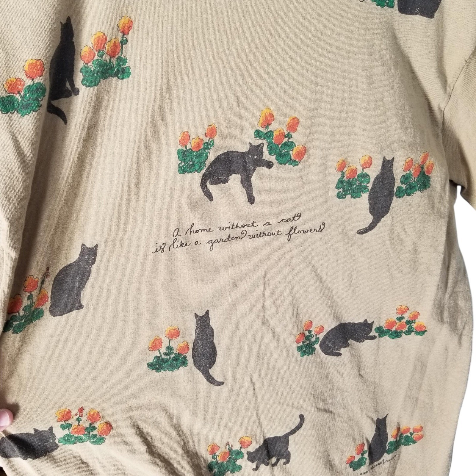 Vintage Painted Lady Cat Flower Cat Lady TShirt Tan Womens Medium USA Made