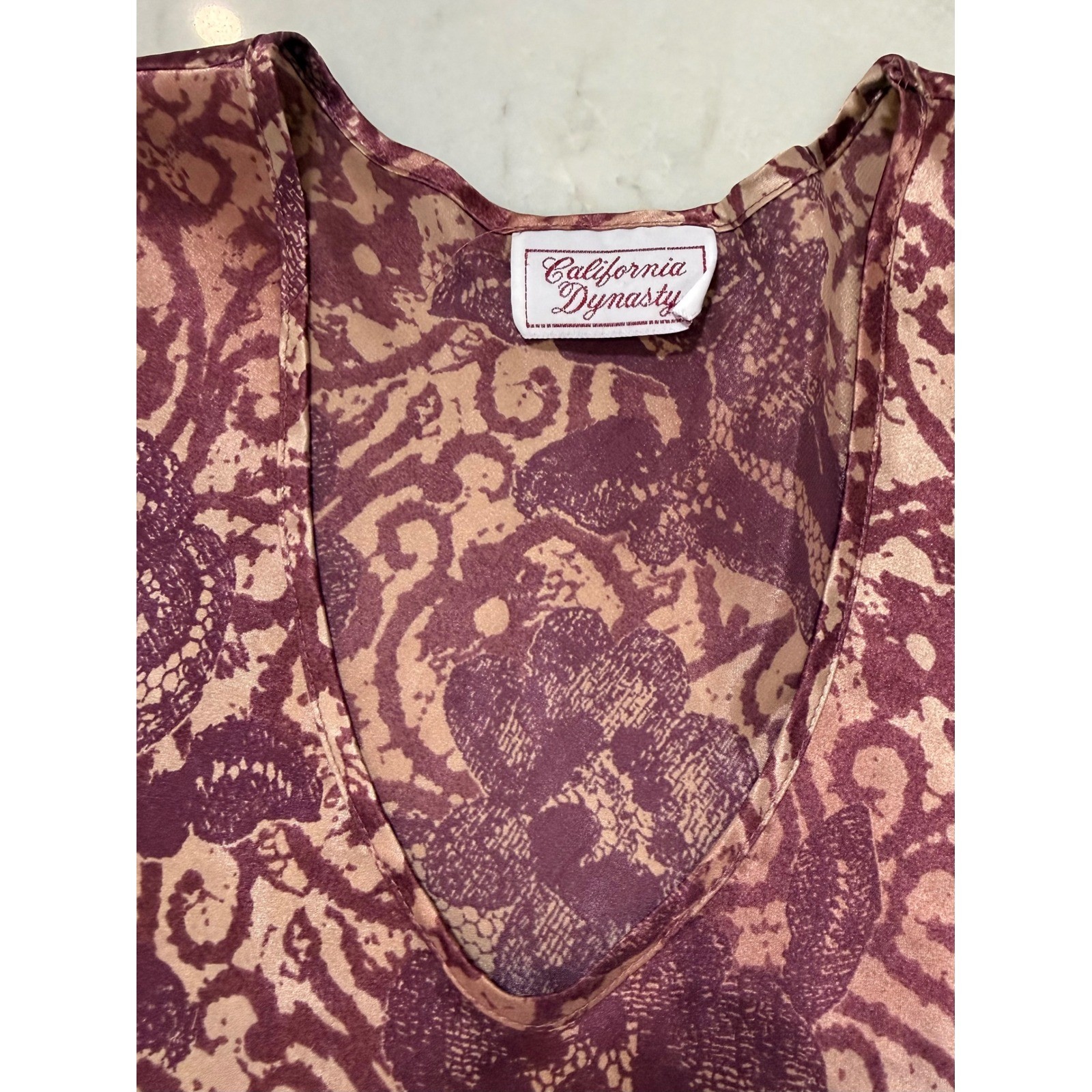 California Dynasty Vintage Mauve Floral Satin Nightgown V-Neck Chemise Sleepwear