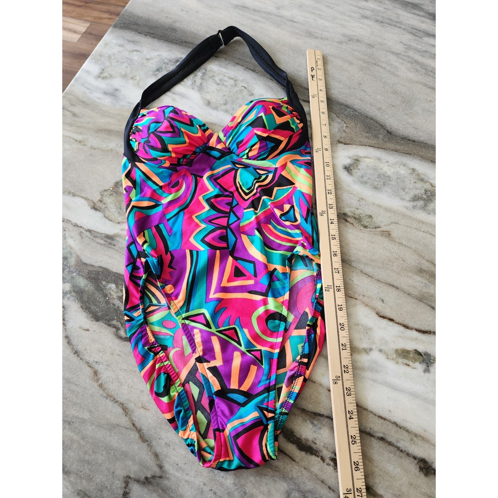VTG 90s Coastal Zone Jantzen Neon Abstract Geometric One Piece Swimsuit Halter