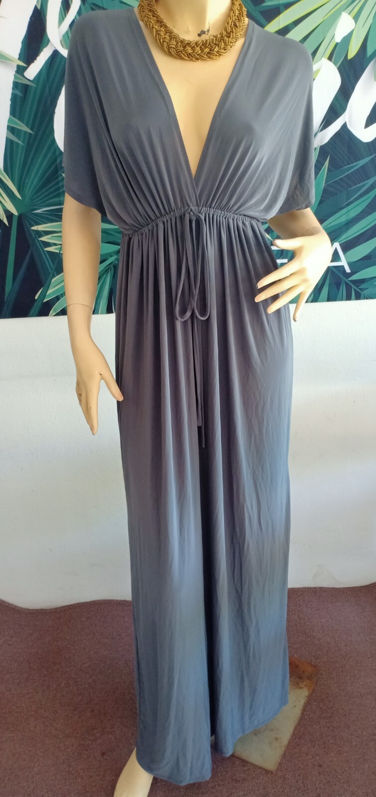 Dress hippie Boho Gypsy Kaftan Kimono V-neck Gray Sun Beach Party Maxi M L XL