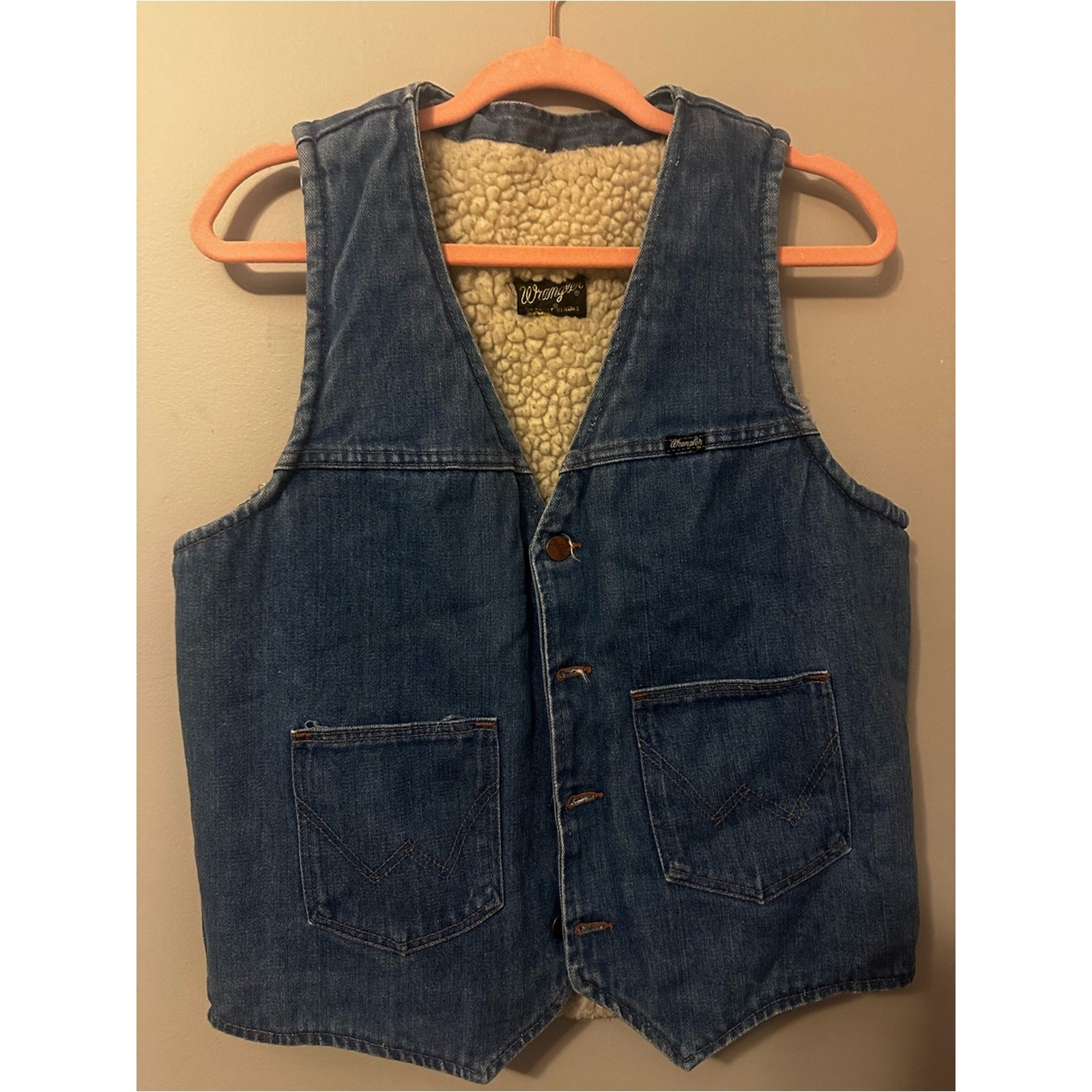 Vintage wrangler Sherpa lined denim vest USA made ranch workwear western