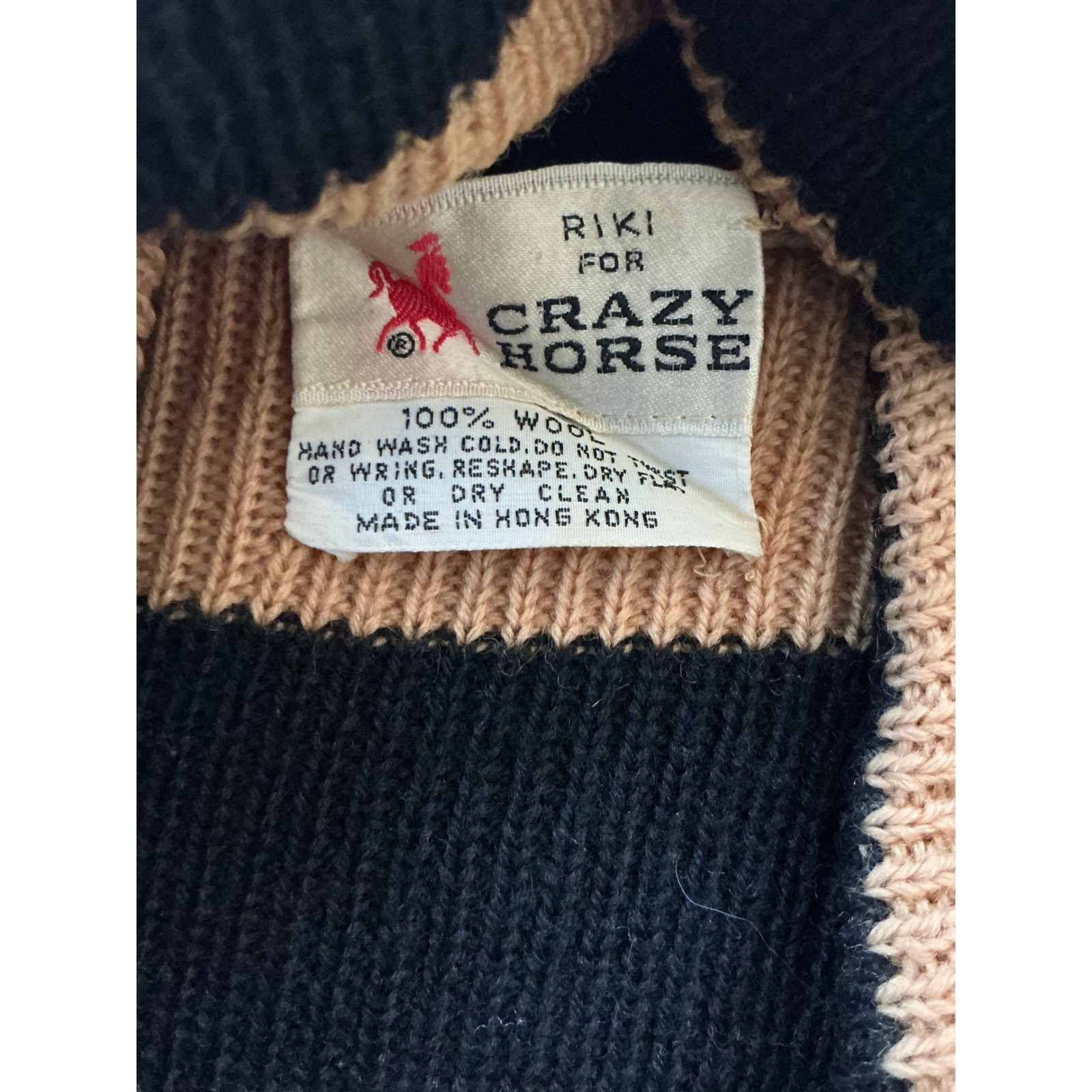 Vintage Riki for Crazy Horse 100% Wool Striped Hooded Cardigan Sweater Tan Black