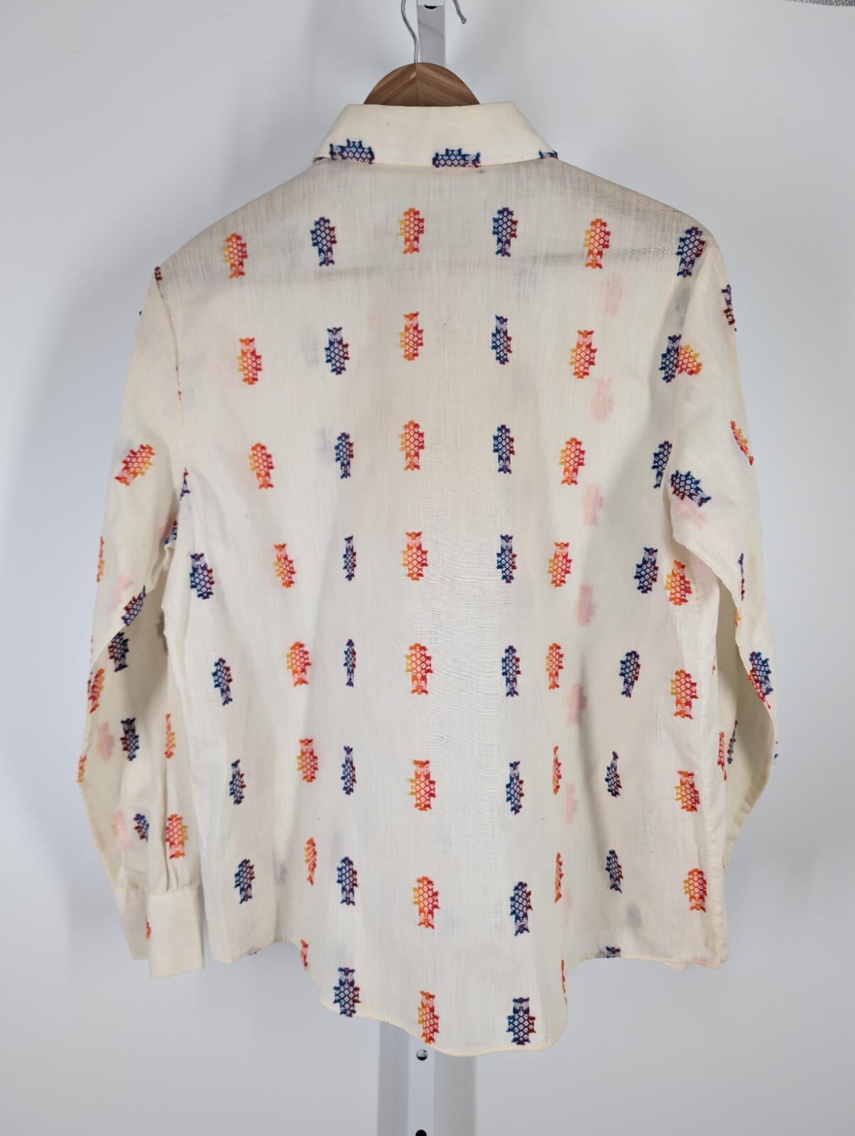 Vintage 70s Embroidered 3D Multicolor Boho Allover Print Disco Shirt Take #1 44″