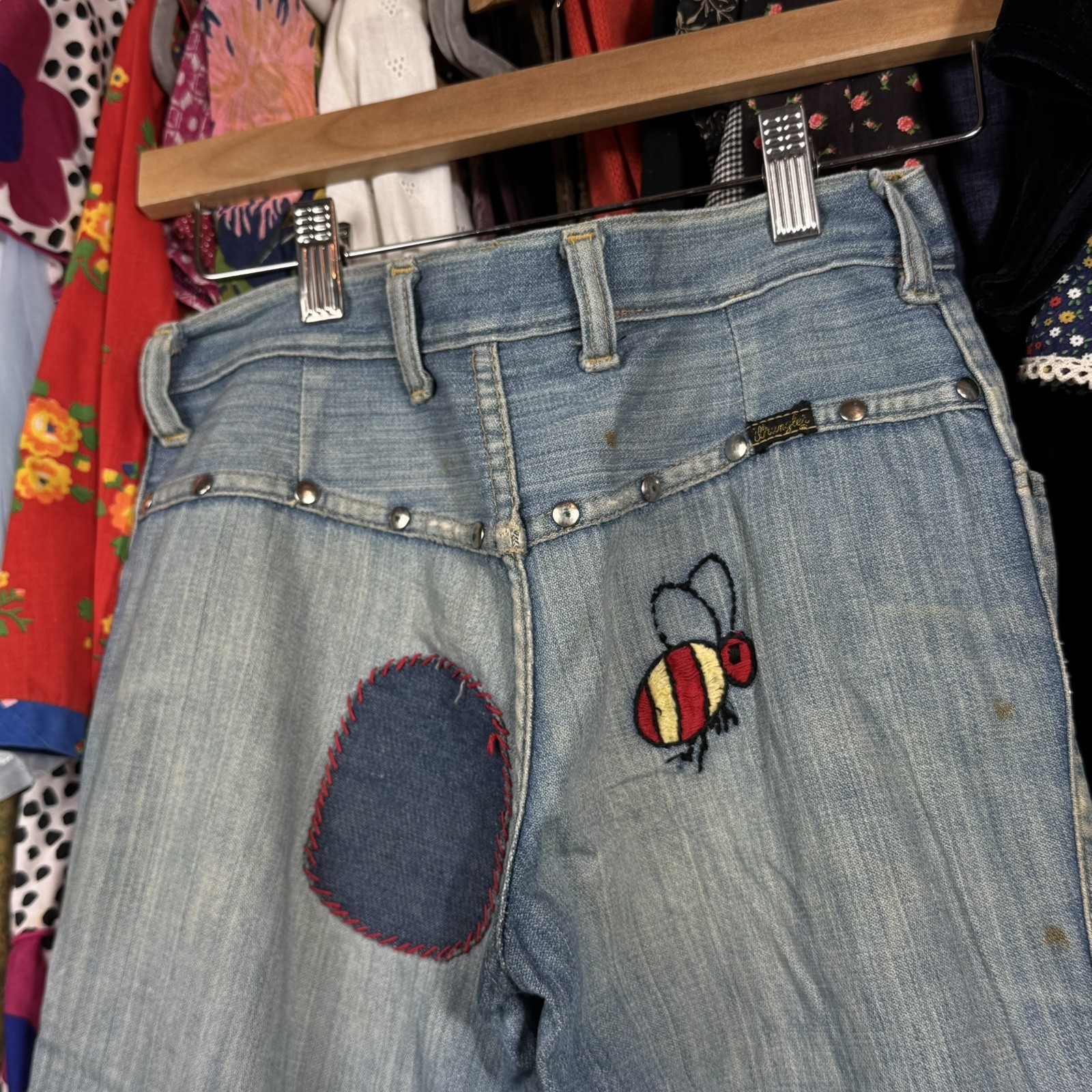 True Vintage 60s 70s Wrangler Bell Bottoms Ladybug Patched Denim Jeans 27×30