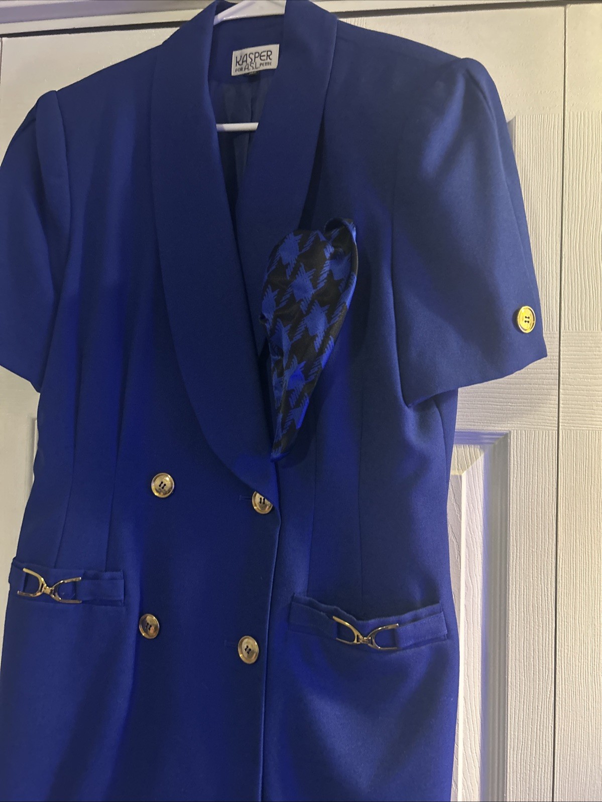 Vtg Kasper for ASL Royal Blue Dress 80s 90s Gold Button Horsebit Office Career