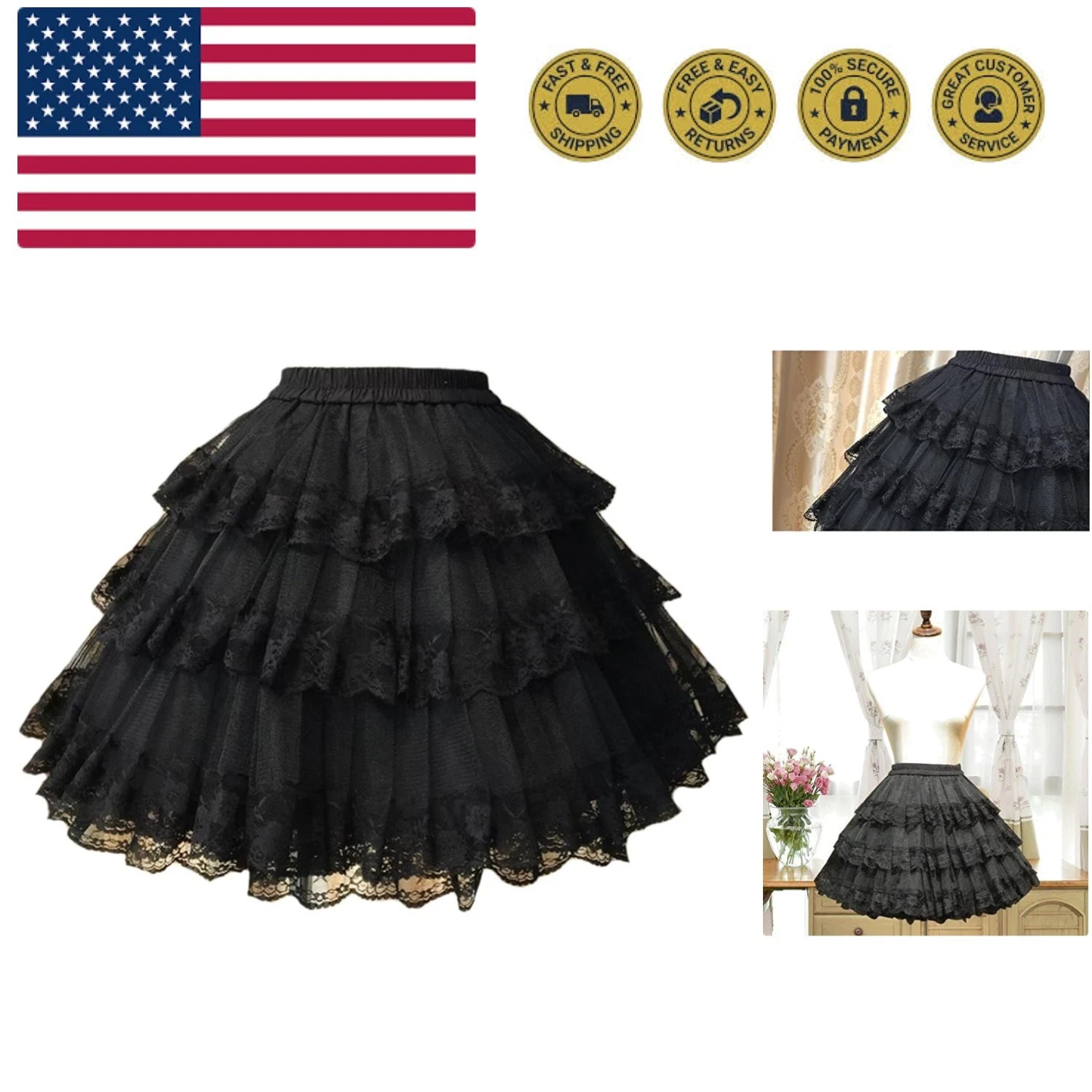 3-Layered Gothic Layered Ruffled Luxury Vintage Rockabilly Petticoat Crinolin…