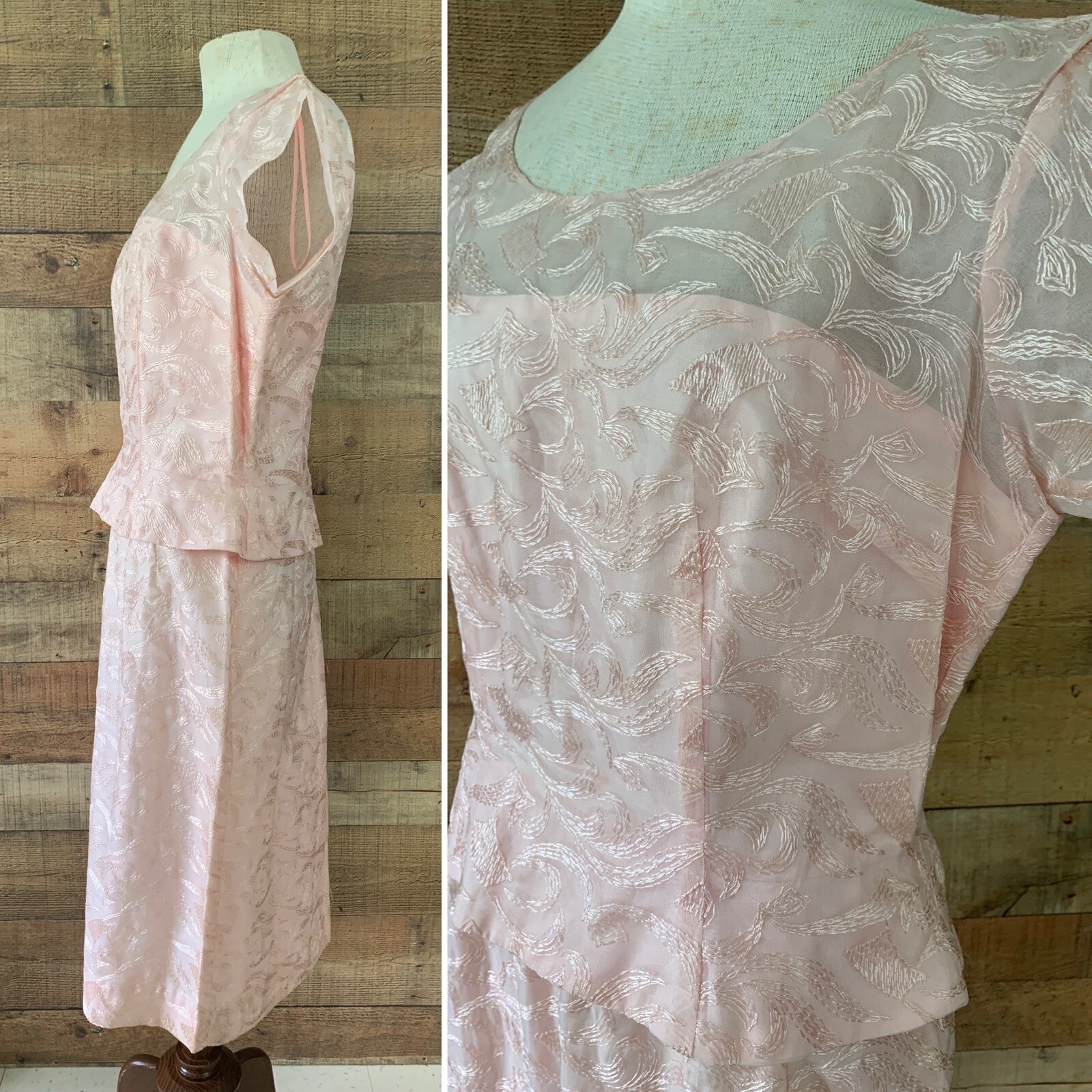 Vintage 1950s Pink Embroidered Sheer Peplum Cocktail Evening Dress Size M/L