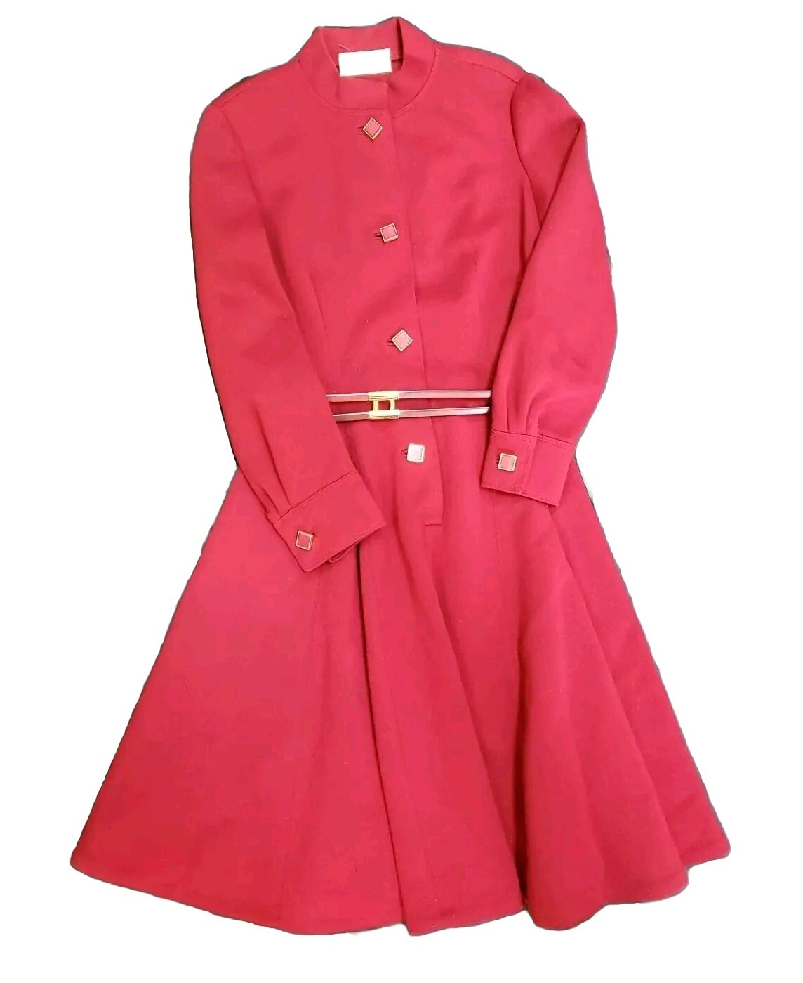 Vintage Dress Long Sleeve Belt Buttons Wool Fit Flare Union Red Burgandy