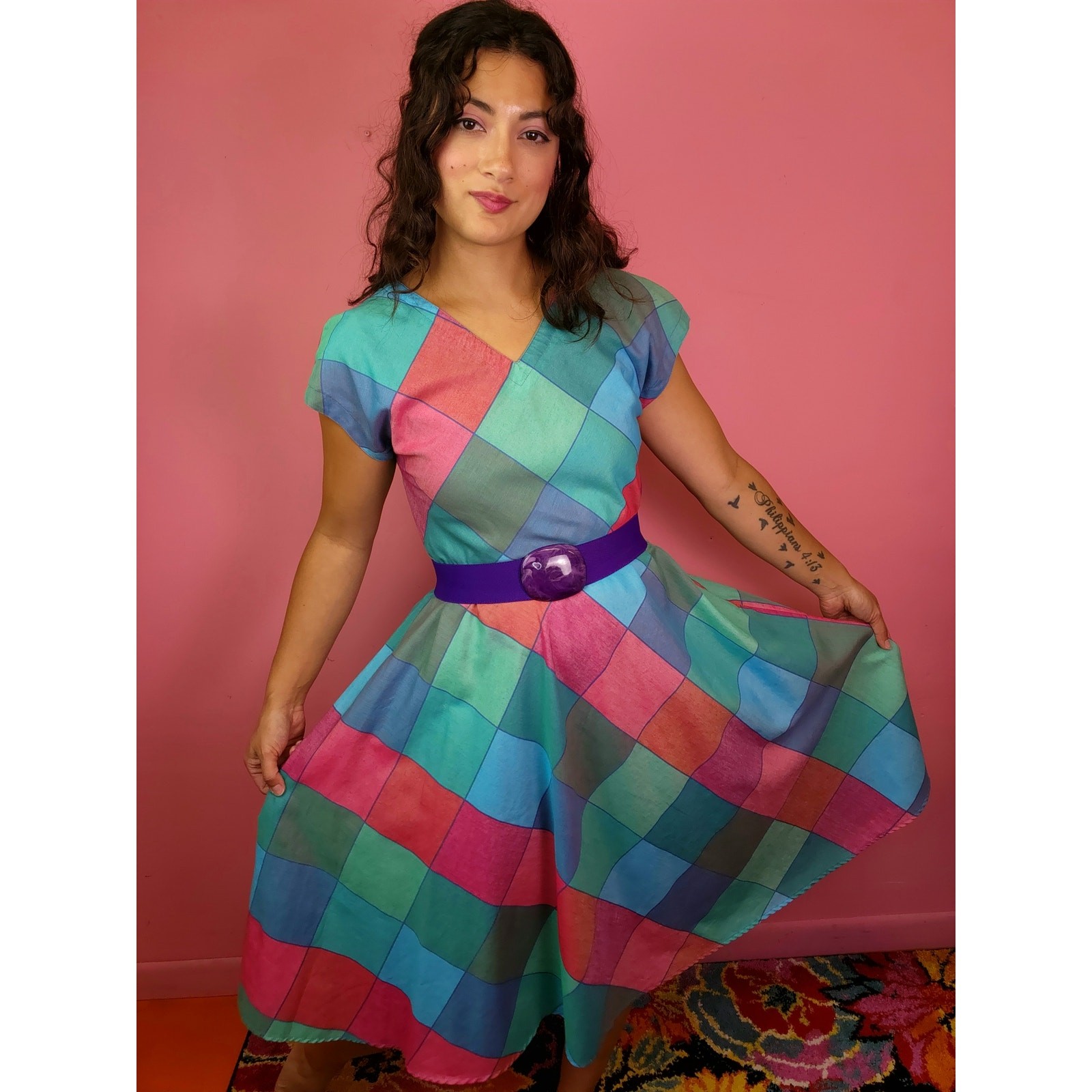 Vintage 1970’s Madras Harlequin Diamond Check Plaid Magenta Blue Shirt Dress