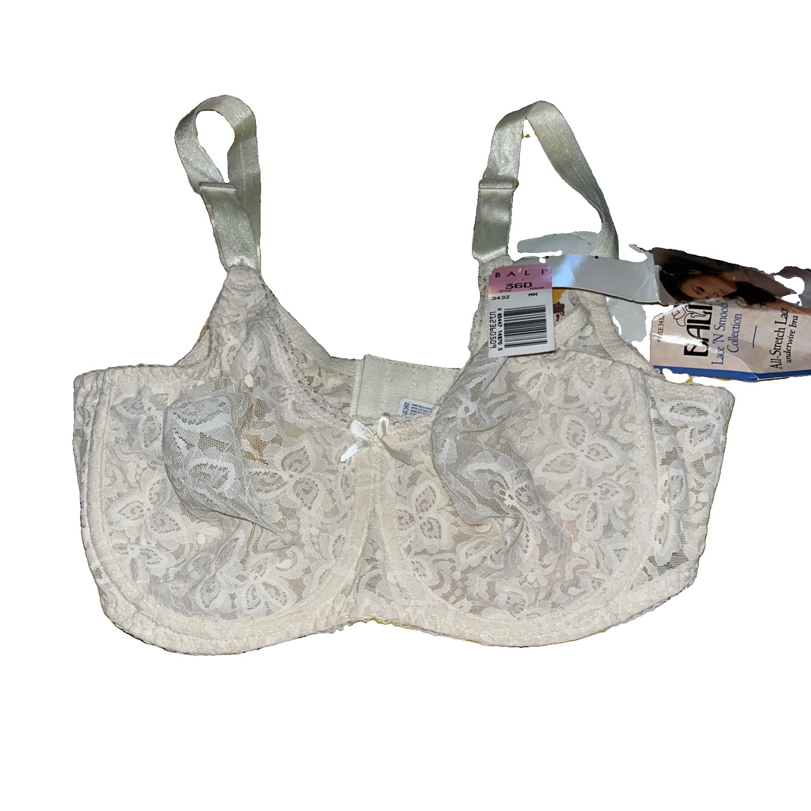 Vtg NWT BALI 36D Bra Lace N Smooth Sheer Ivory White Style 3432 90s New W Tag