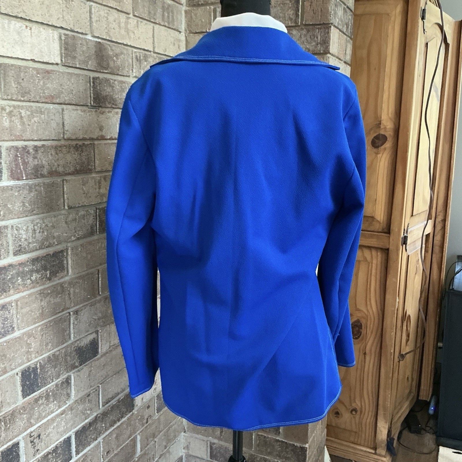70s VTG Royal Blue Jacket White Blouse 2PC Set Sz L Coin Buttons Topstitch #20D8