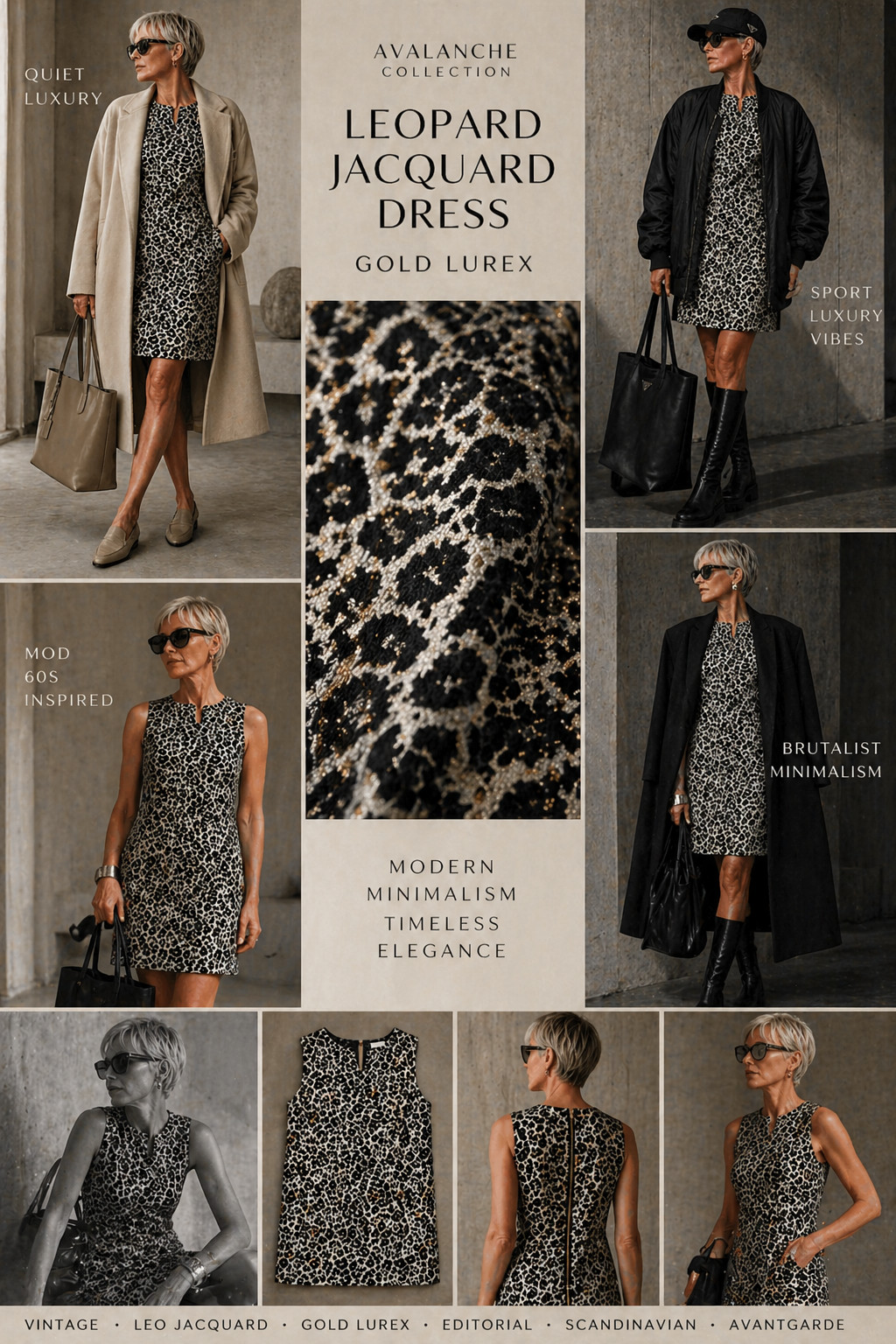 Avalanche Collection Leopard Sheath Dress Gold Lurex Bouclé Tweed 40 42 Quiet Luxury