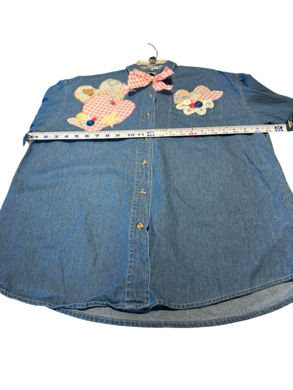 Vtg Western Country 90s Patchwork Denim Top Appliqué Hearts Buttons Lace Large