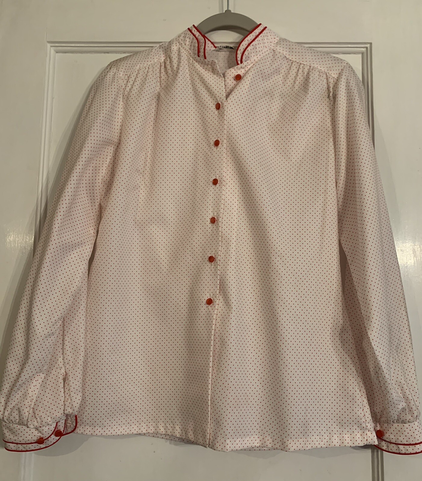 Vtg Gailord Womens Blouse Button Down L ? Creamy Off White Red Polka Dots
