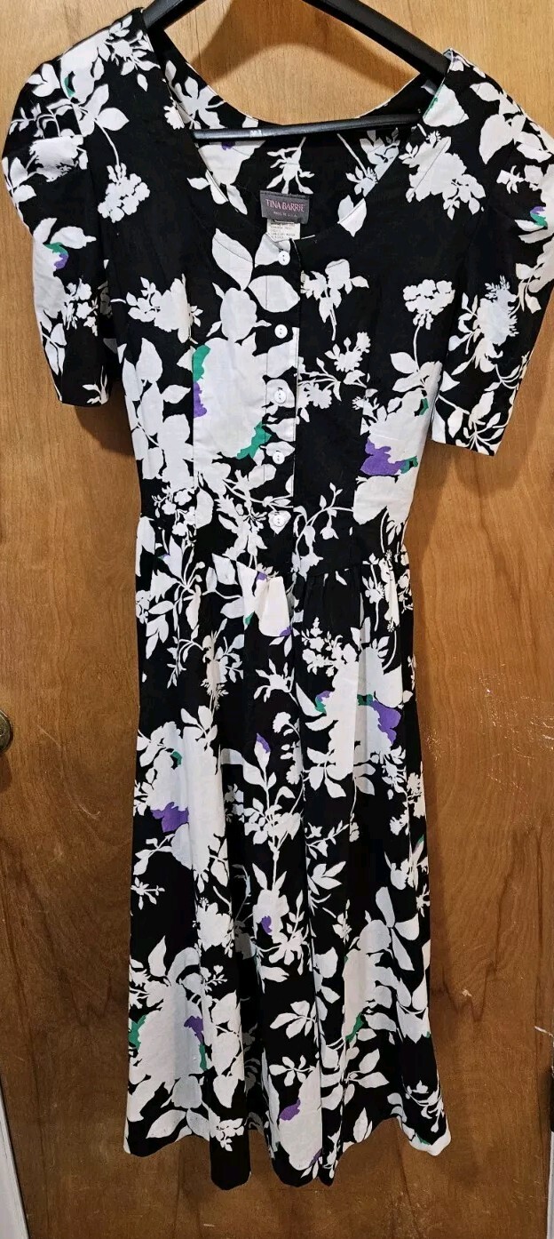 VTG 1980s TINA BARRIE Cottage Core Dress 12 Black/ White Floral w/colors TieBack