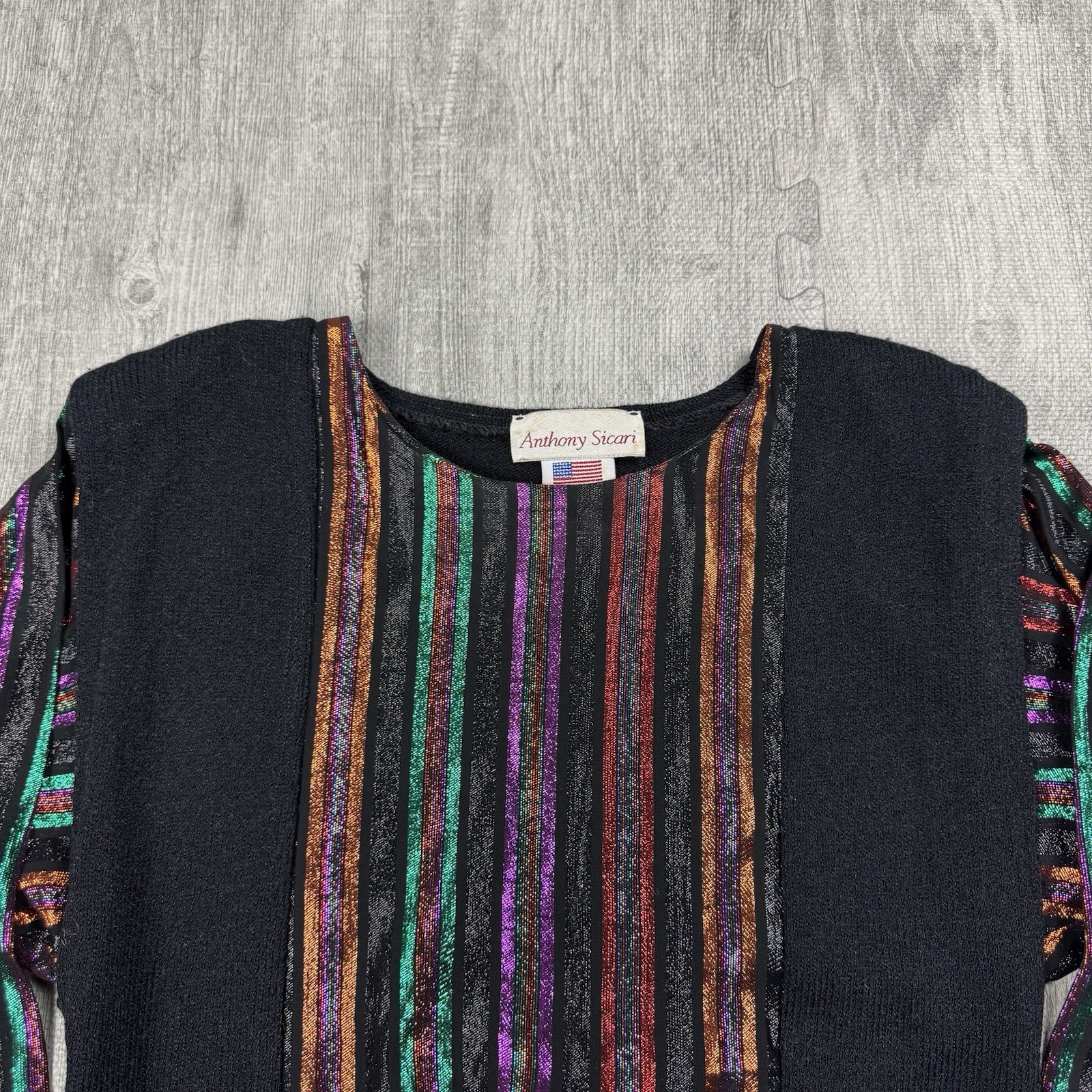 VTG 80S ANTHONY SICARI WOMENS KNIT TOP METALLIC STRIPED RETRO USA SIZE SMALL S