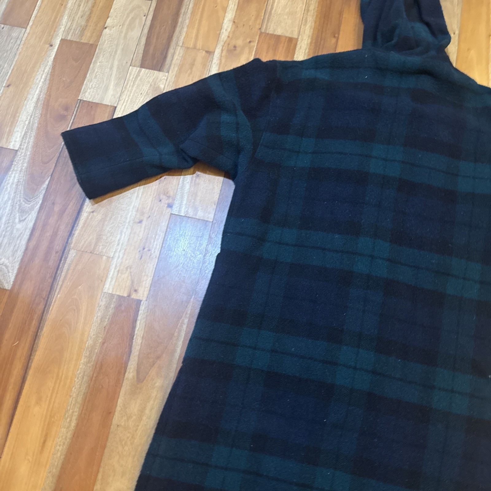 VTG 80s L.L. Bean Plaid Tartan Green Multi Fringe Wool Coat Hood Womens Large