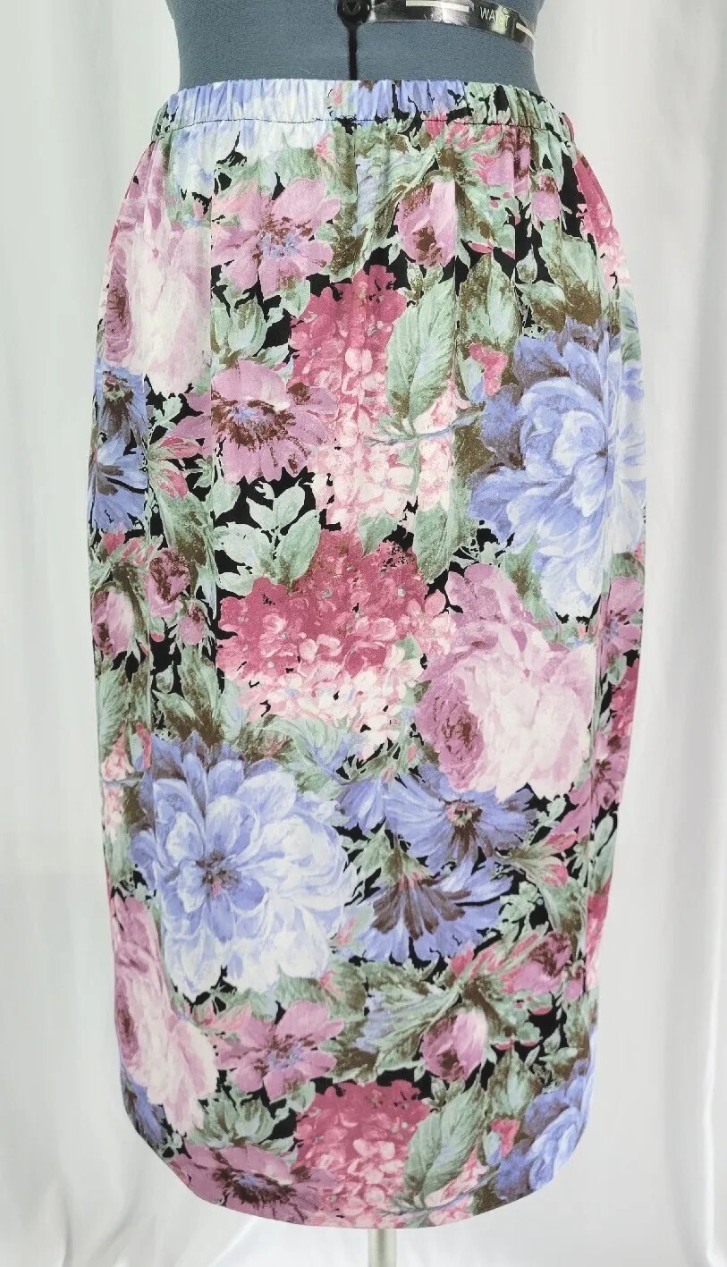 Vintage Pink/Purple/Green/Black Floral Elastic Waist Skirt Size 14