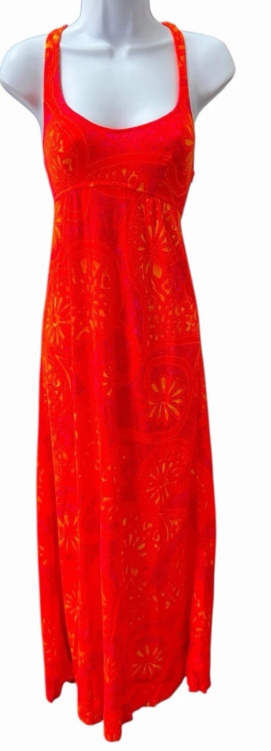 Vtg 70s Tropical Psychedelic Print Maxi Dress Xs/S Orange Sleeveless Stretch