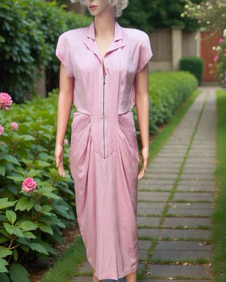 Vintage 80s Does 40s Old Hollywood Wiggle Dress Pink Smocked 32”w Resort Wear