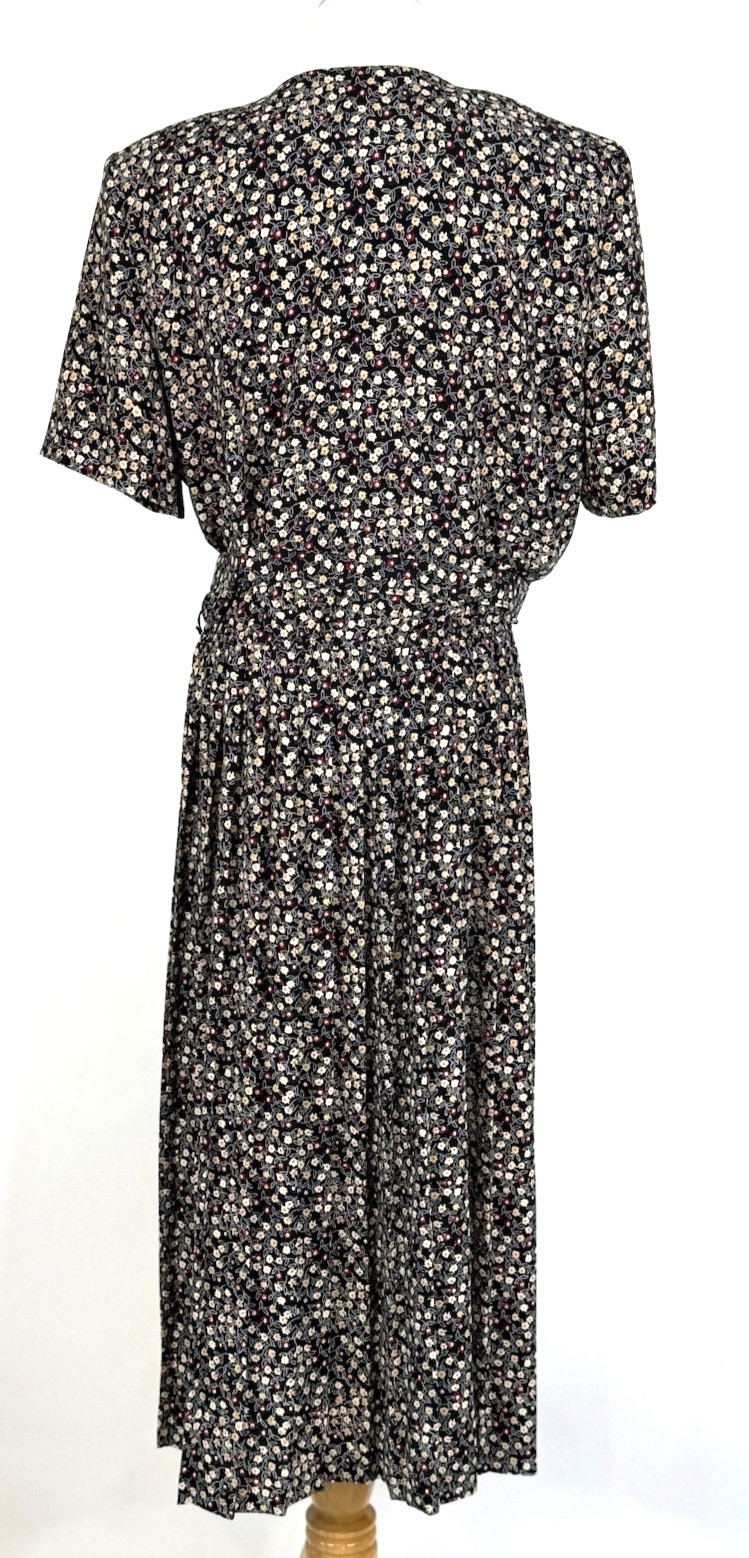 Leslie Fay Womans Size 14 Dress Floral Black Vintage Belted Midi Classic Modest