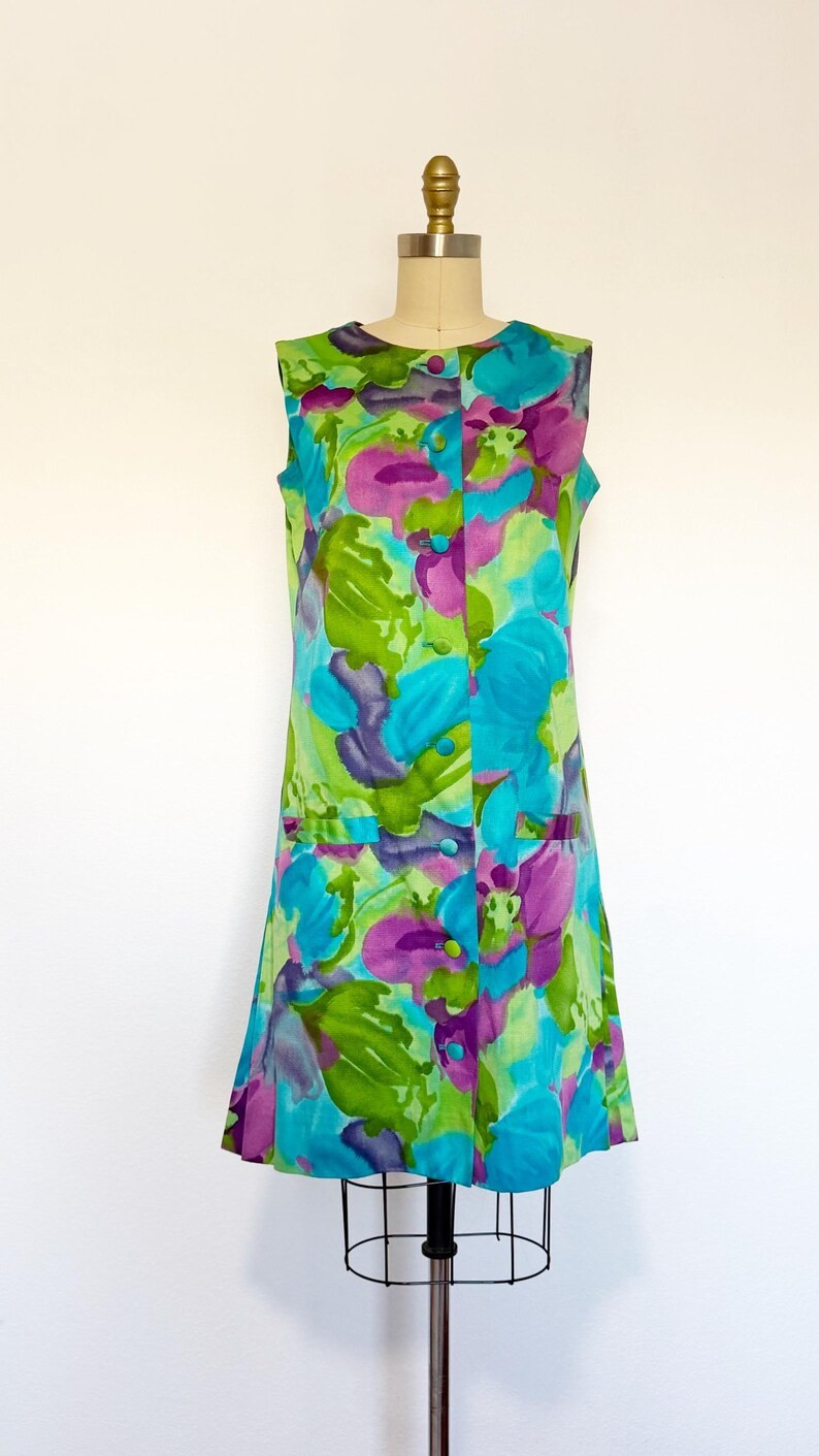 1960s Dress / 1960s Floral Dress / Garden Party Dress / Size Large