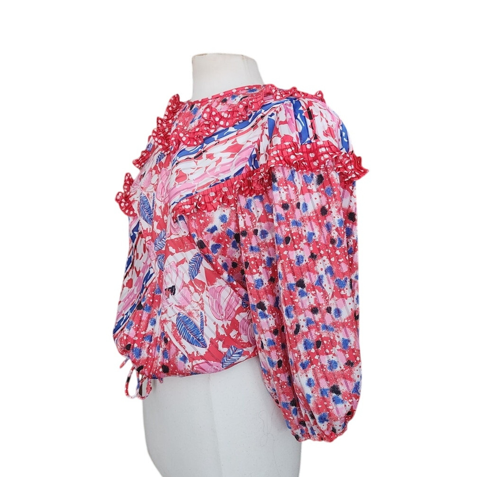 Vintage 80s Diane Freis Blouse Bold Print Poly Georgette Ruffles Pink Red