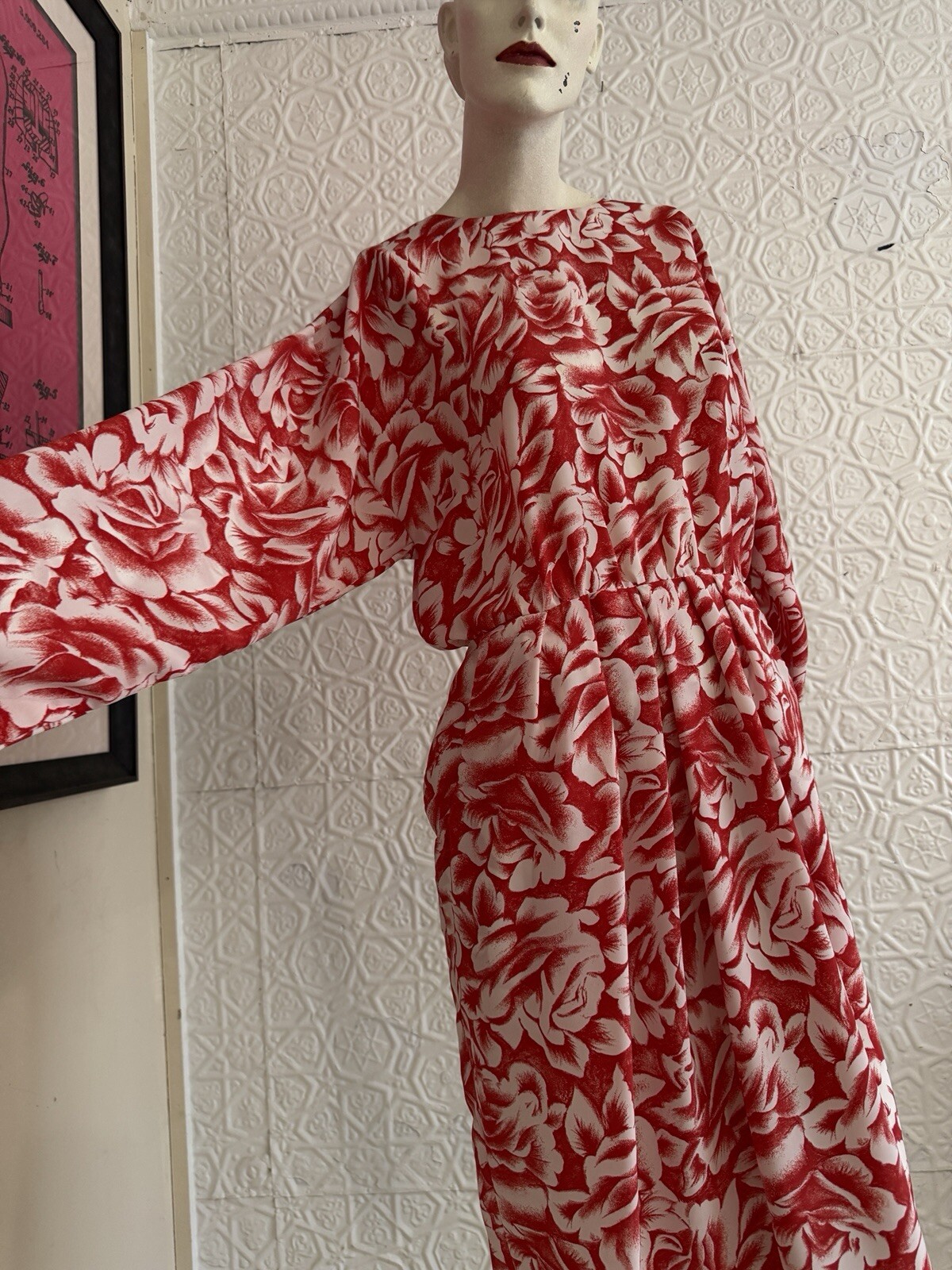 Vintage Dress 1980s Rose Print-romantic-Red-white-Daydress-floral-Small/medium