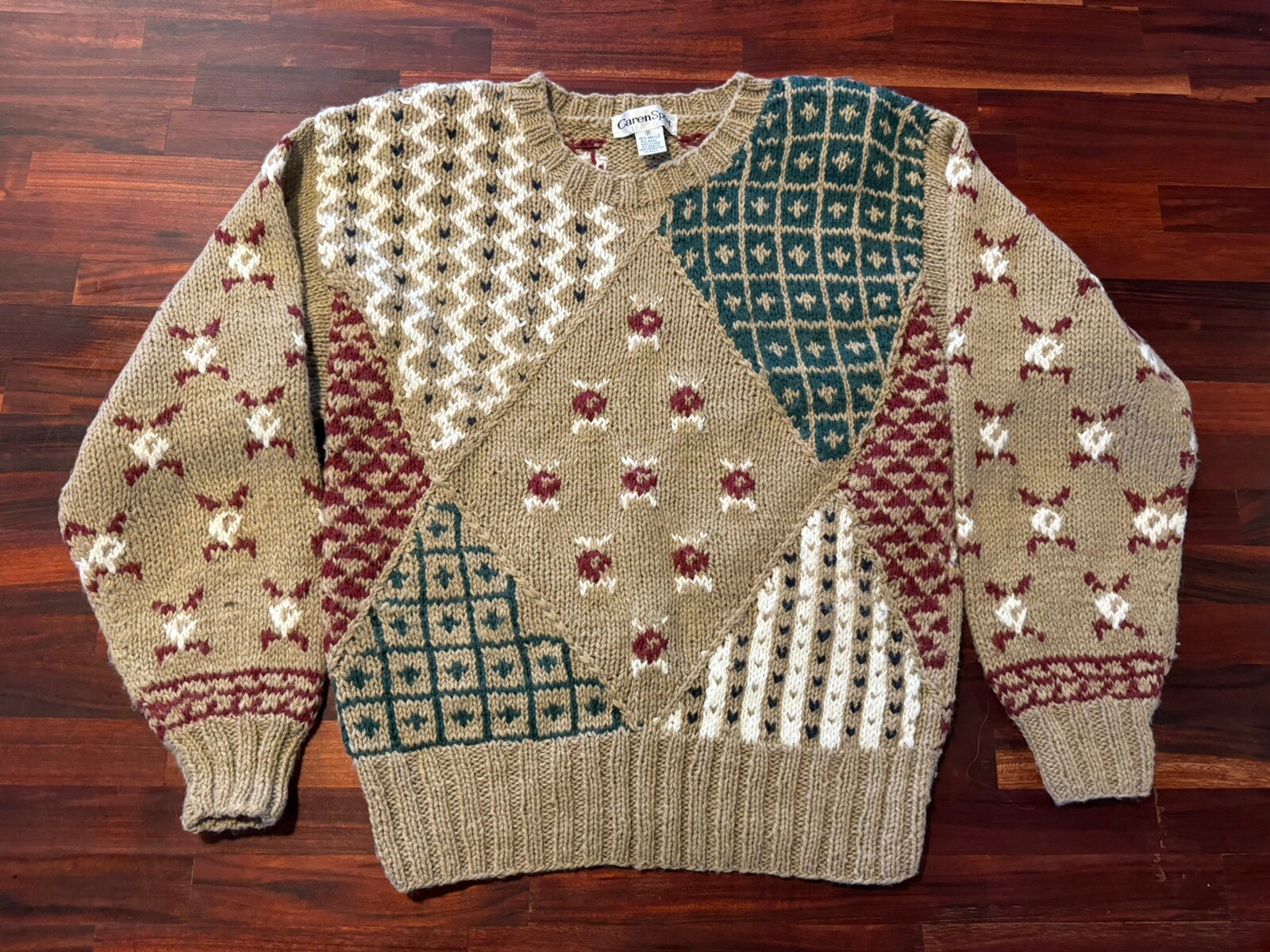 Vintage Chunky Knit Sweater Medium Caren Sport Cottagecore Tan Maroon Green