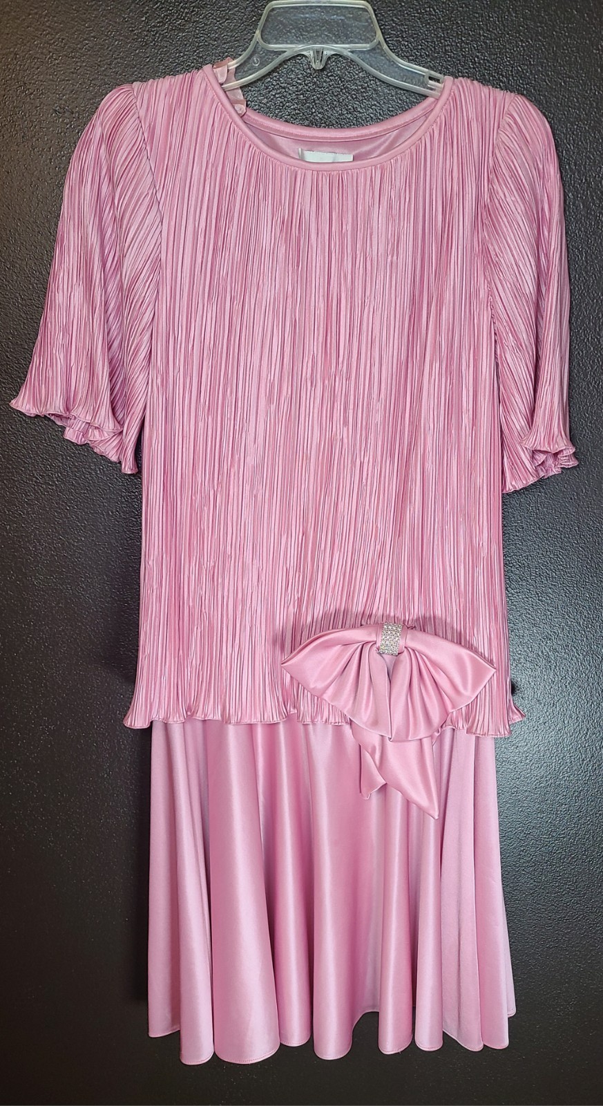 VINTAGE 80s AFTER DARK Pink SZ 7/8 Evening Satin Crepe Dress Bow Rhinestone