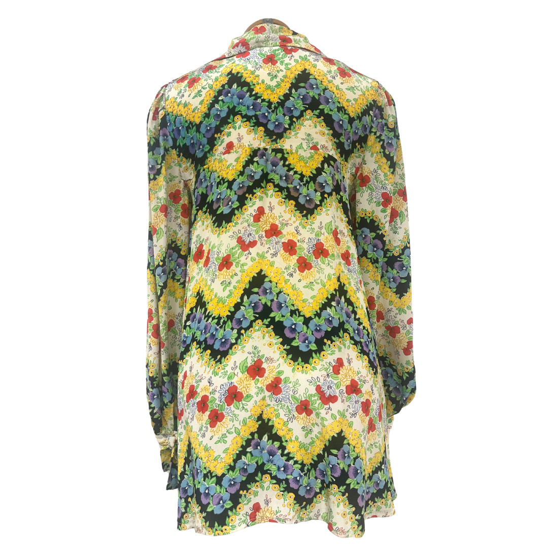 Vintage 1970s Jenny Hare Rare Floral Tunic Blouse/Mini Dress with Bishop Sleeve