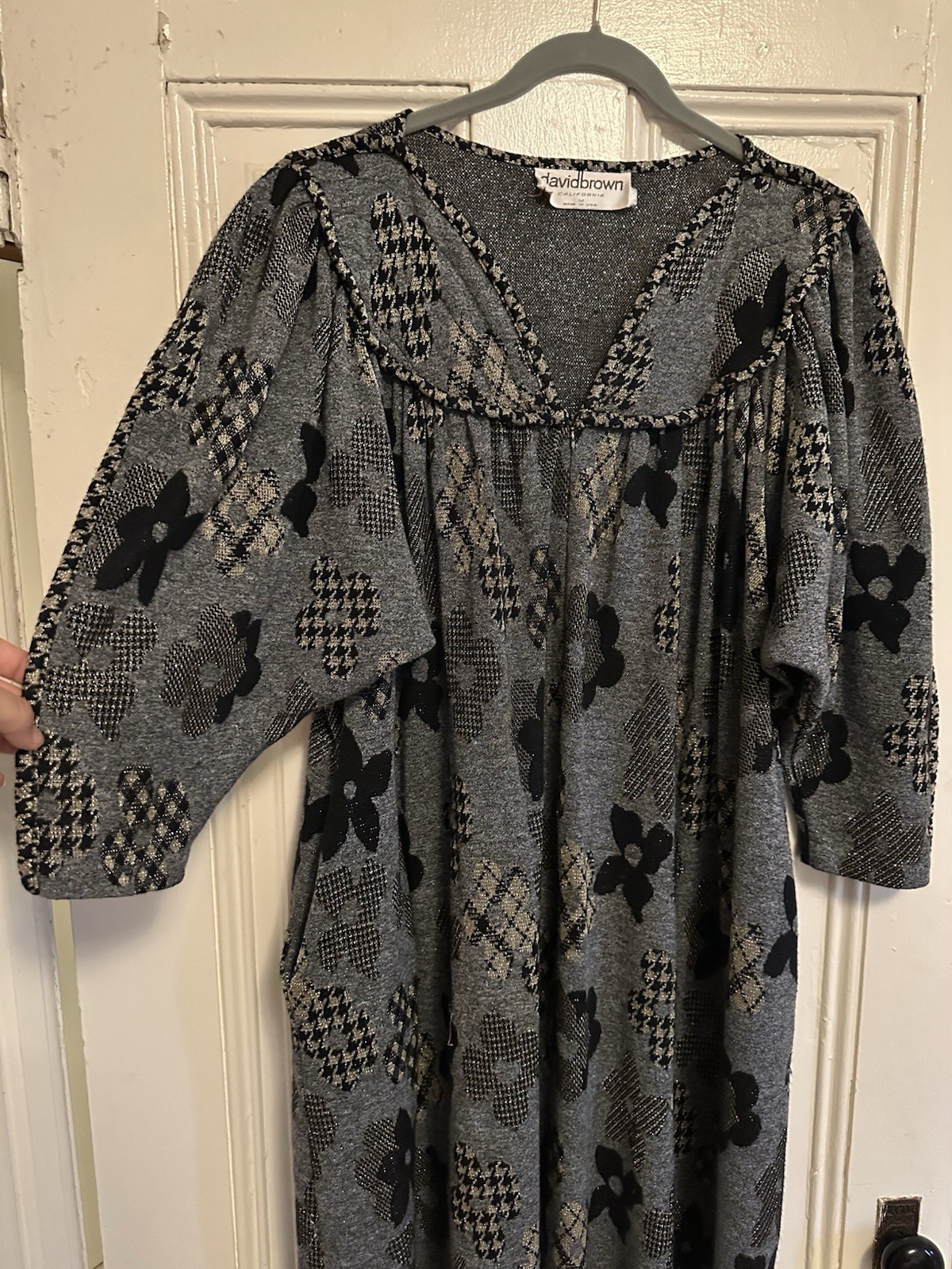 Stunning David Brown, 1970s metallic balloon sleeve houndstooth flower dress