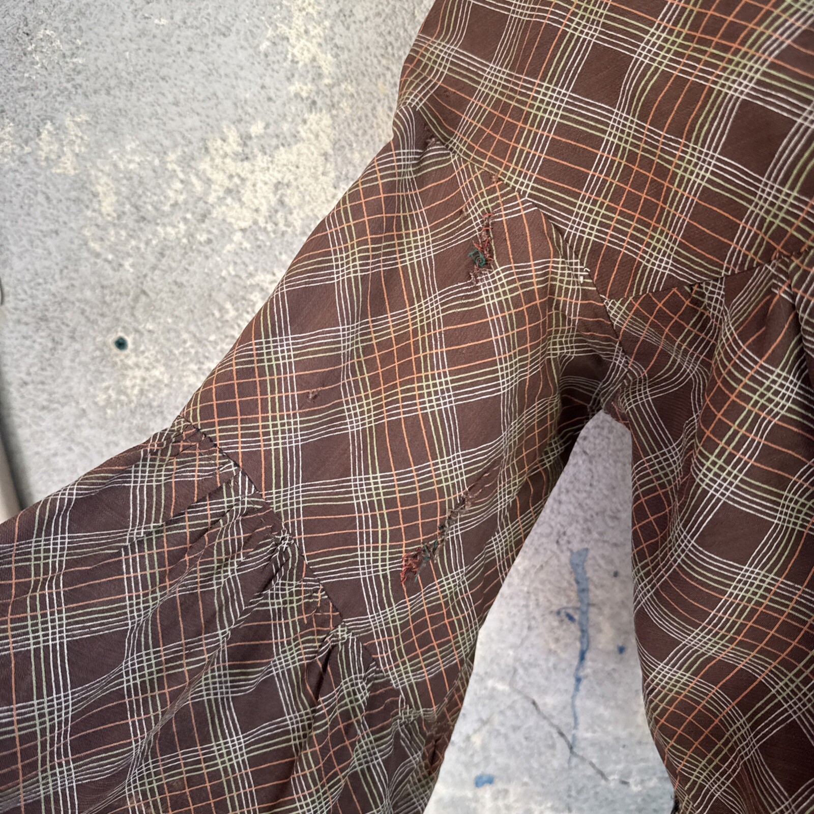 Vintage 1930s Brown Green & Orange Plaid Linen Dress Maxi Bell Sleeves Wooden