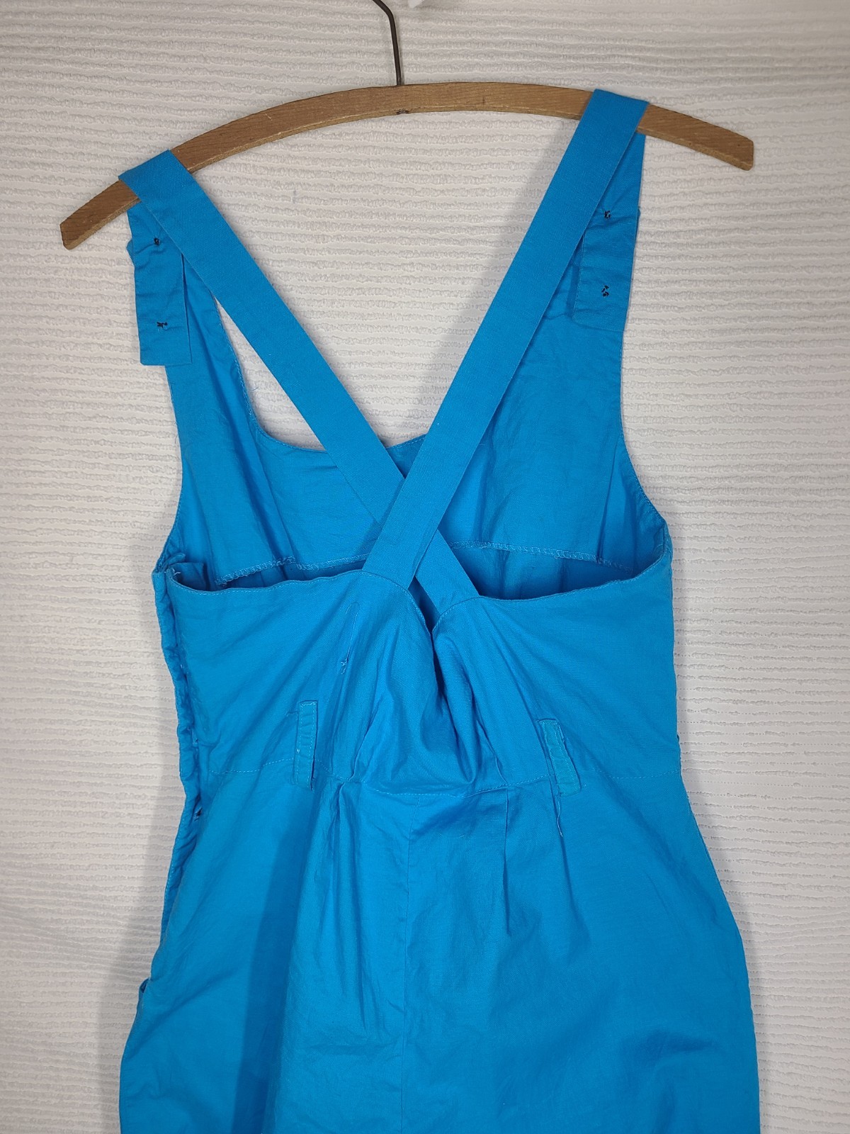 Vtg 80s Cotton Jumpsuit Blue Retro Pinup Juniors 11 M L Cross Back Button Side