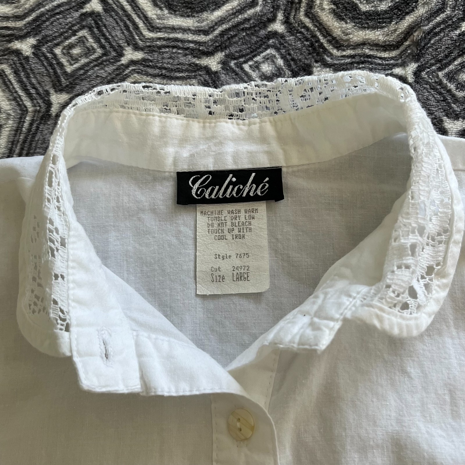 Vintage 80s 90s Caliche Short Sleeve White Blouse Lace Collar Detail Size L