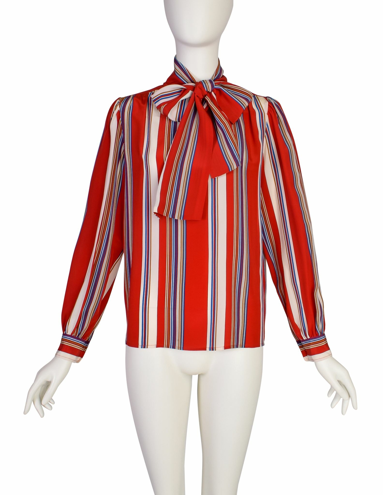 Yves Saint Laurent Vintage SS 1982 Red Multicolor Striped Silk Lavalliere Shirt