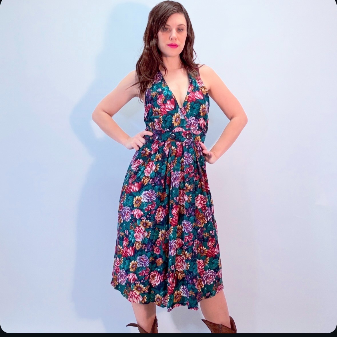 Vintage 80s Floral Midi Dress Cottagecore Cotton Wrap Dress w/ Pockets