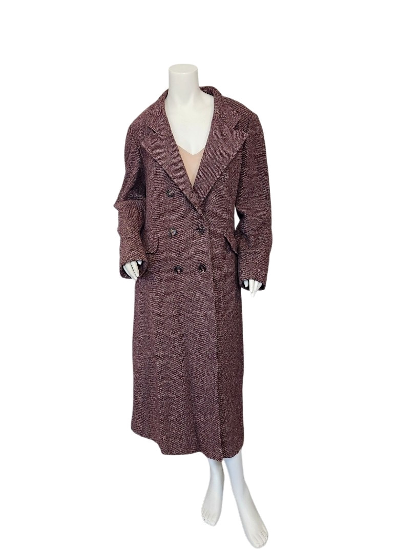 Vtg Bromleigh Burgundy Wool Tweed Double- Breasted Coat Women’s 40″ bust (no sz)