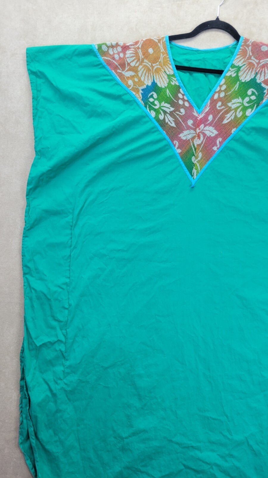 Vintage Womens Teal Muumuu With A Multi Colored Cheese Cloth Vneck Design