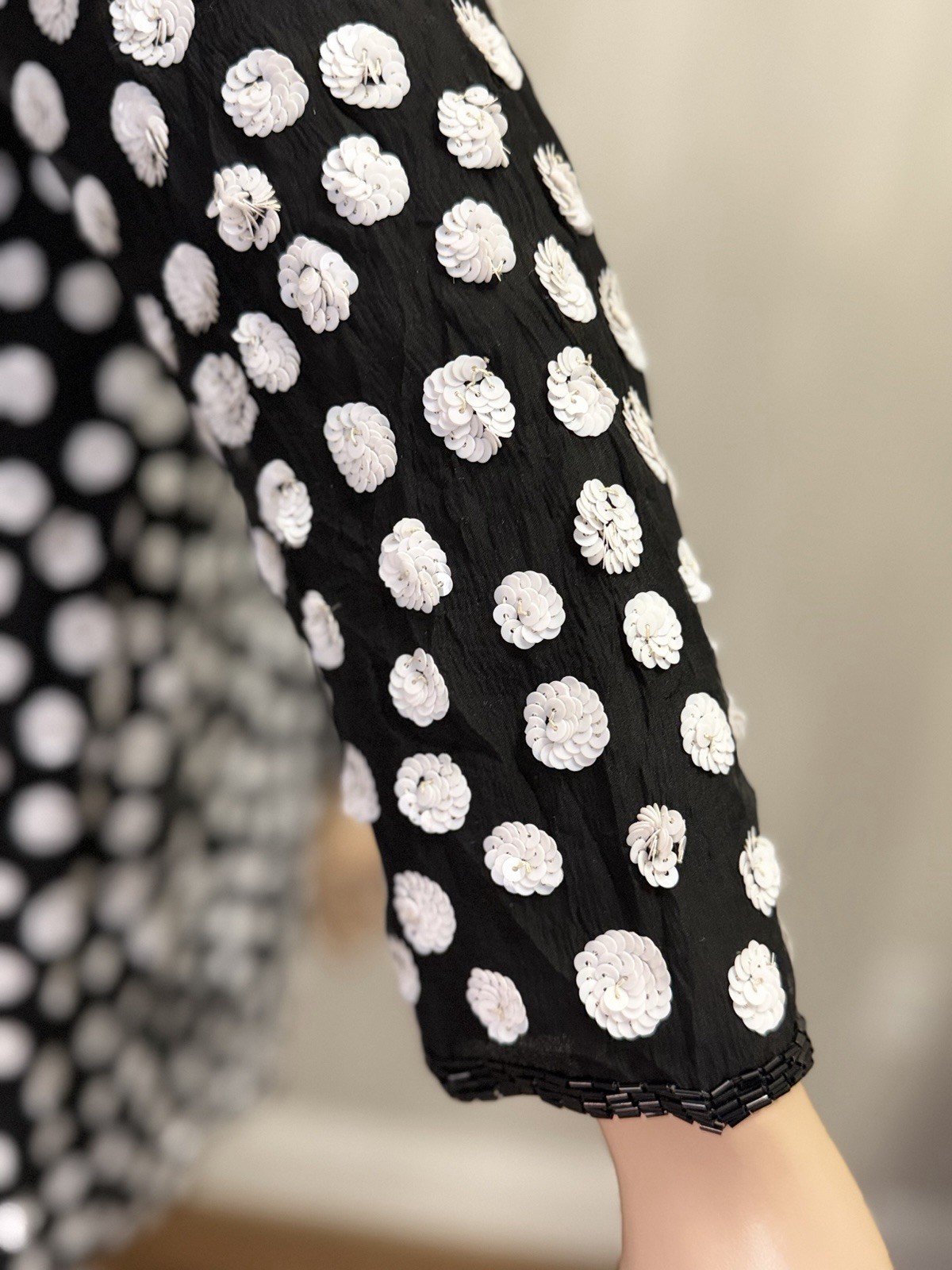 Vtg Judith Ann Creations 100% Silk Beaded Sequin Jacket Black White Polka Dot M