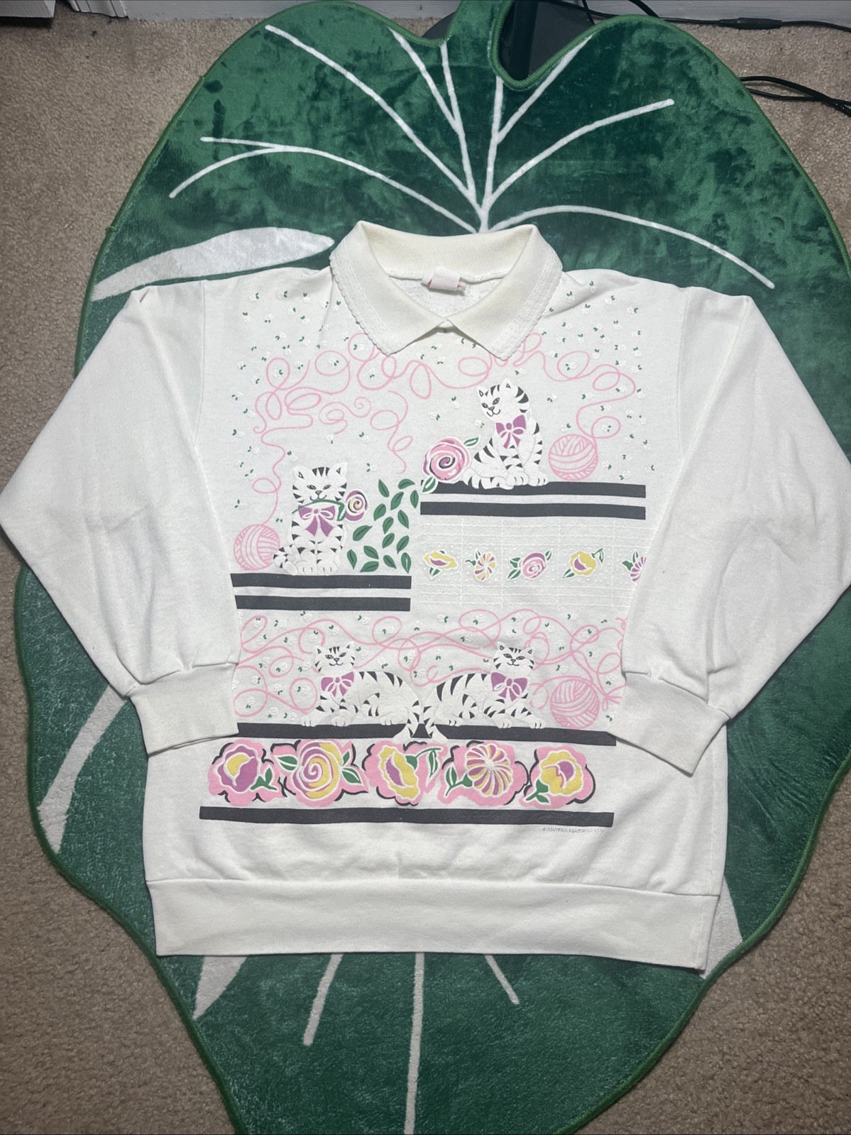 Vintage 80s Puff Print Womens M Jane Colby Floral Cat Grandma Sweater Cottage